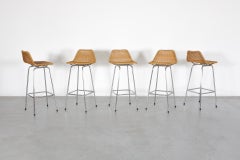 Charlotte Perriand Style Wicker Bar Stools with Angled Backs and Chrome Legs