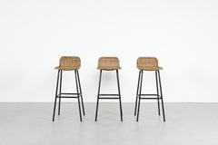 Charlotte Perriand Style Wicker Bar Stools with Black Frames