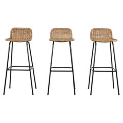Charlotte Perriand Style Wicker Bar Stools with Black Frames