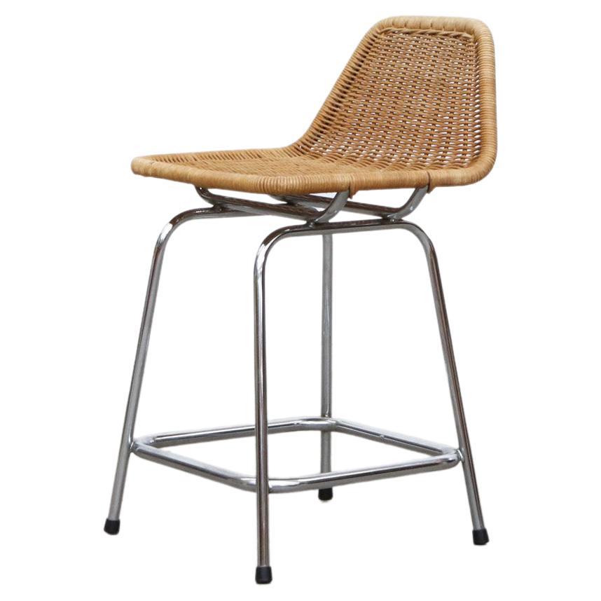 Charlotte Perriand Style Wicker Counter Stool with Chrome Legs