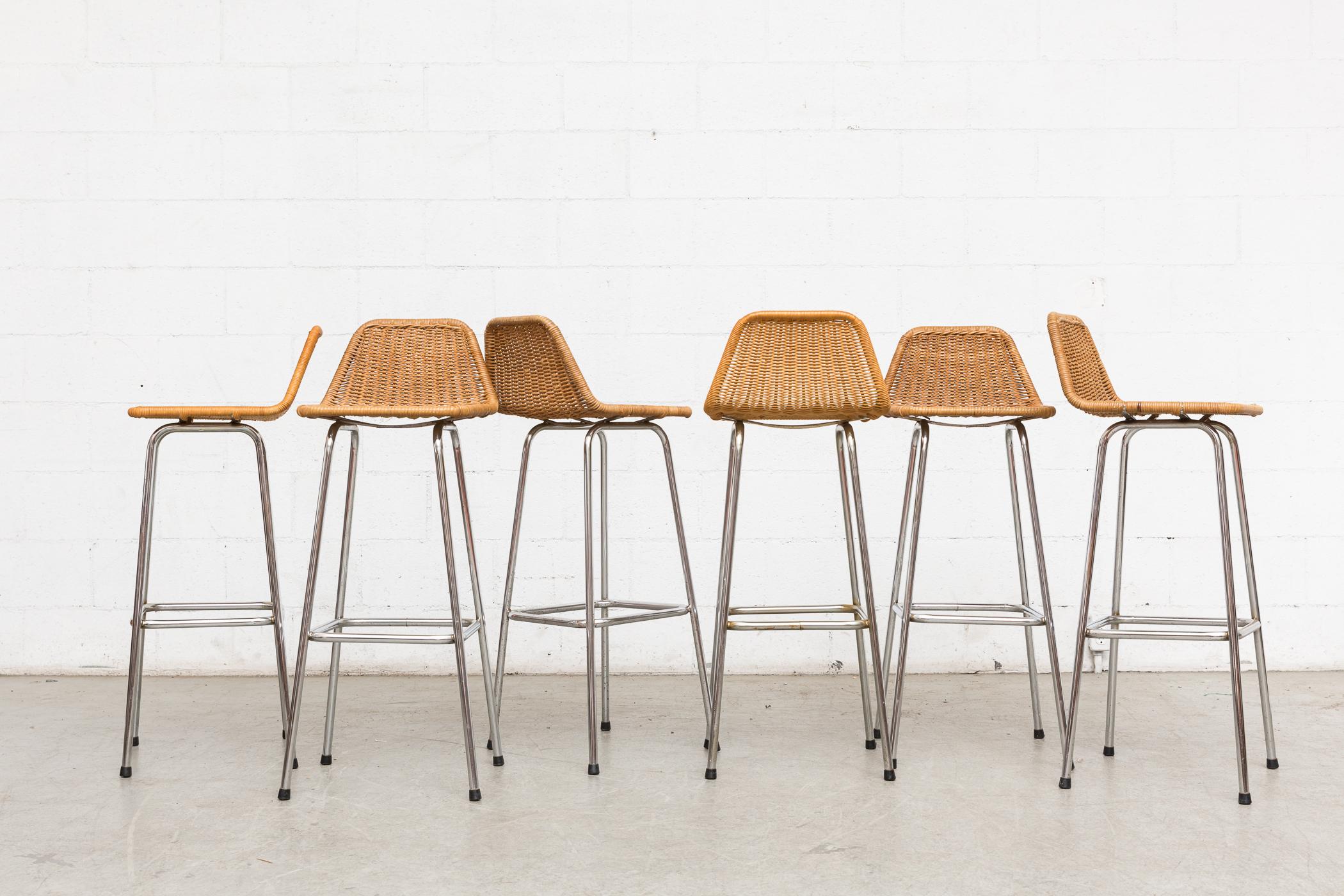 Dutch Charlotte Perriand Style Wicker Counter Stools