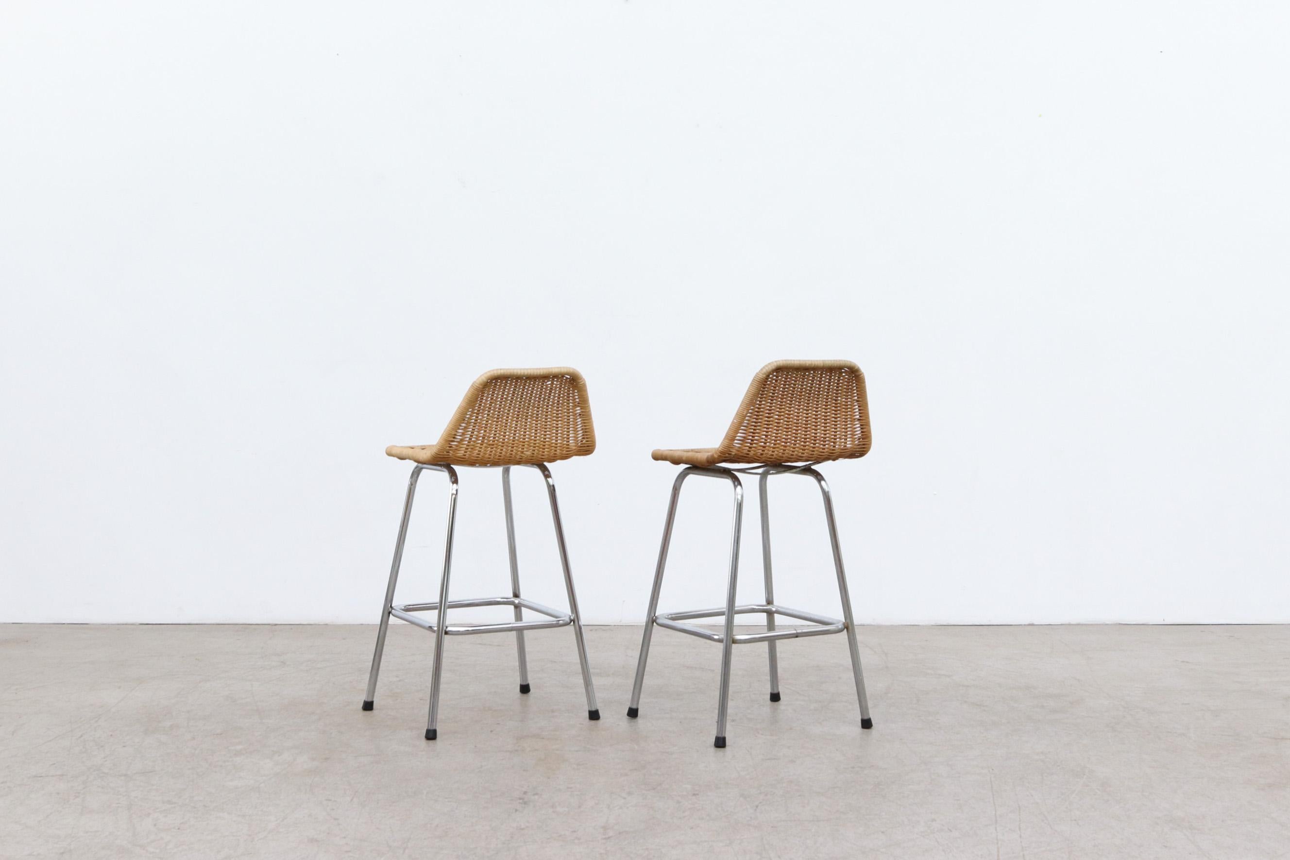 Enameled Charlotte Perriand Style Wicker Counter Stools