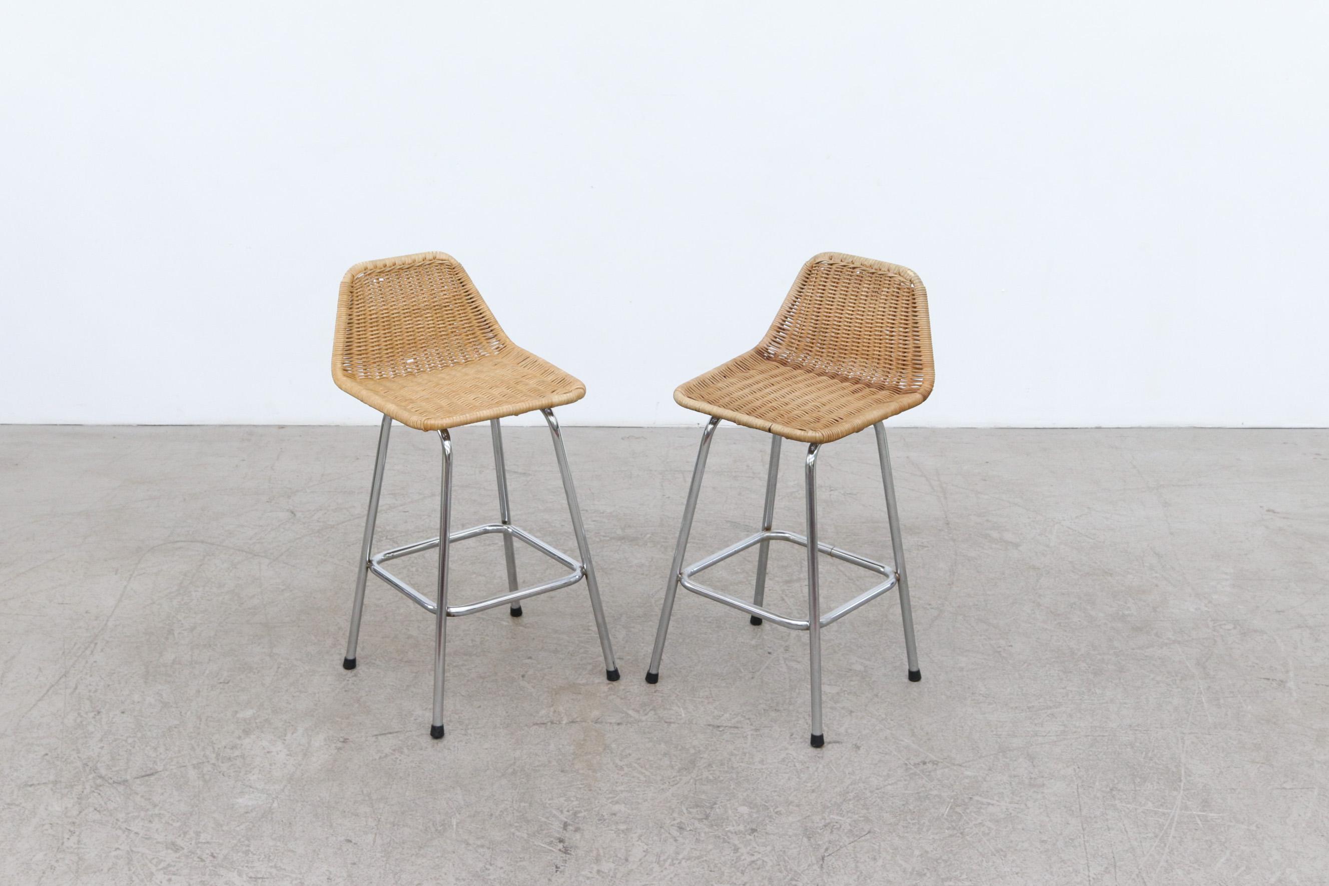 Mid-20th Century Charlotte Perriand Style Wicker Counter Stools