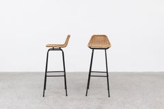 Charlotte Perriand Style Wicker Stools with Angled Back and Black Legs