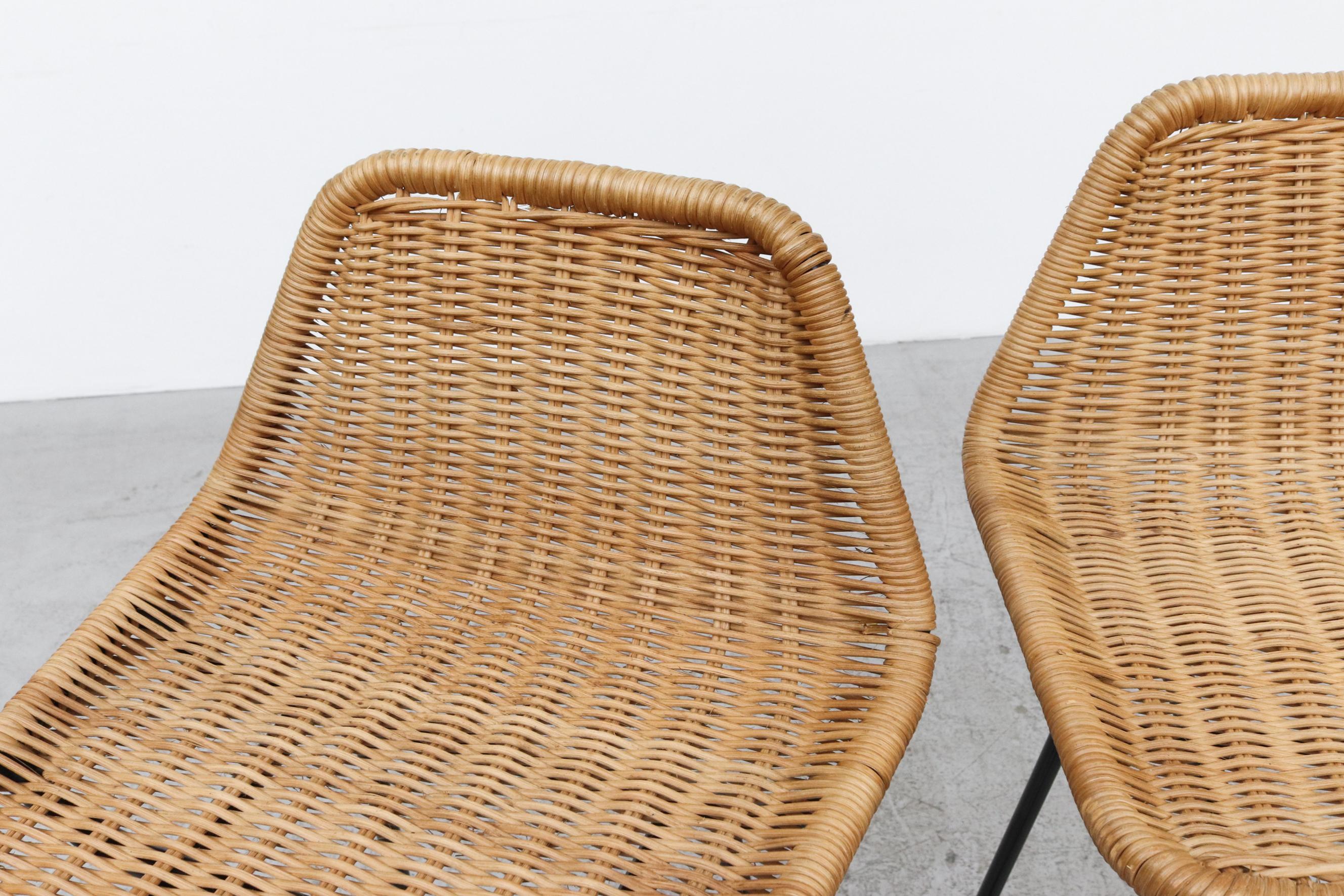 Mid-Century Modern Charlotte Perriand Style Wicker Stools with Angled Back and Black Legs