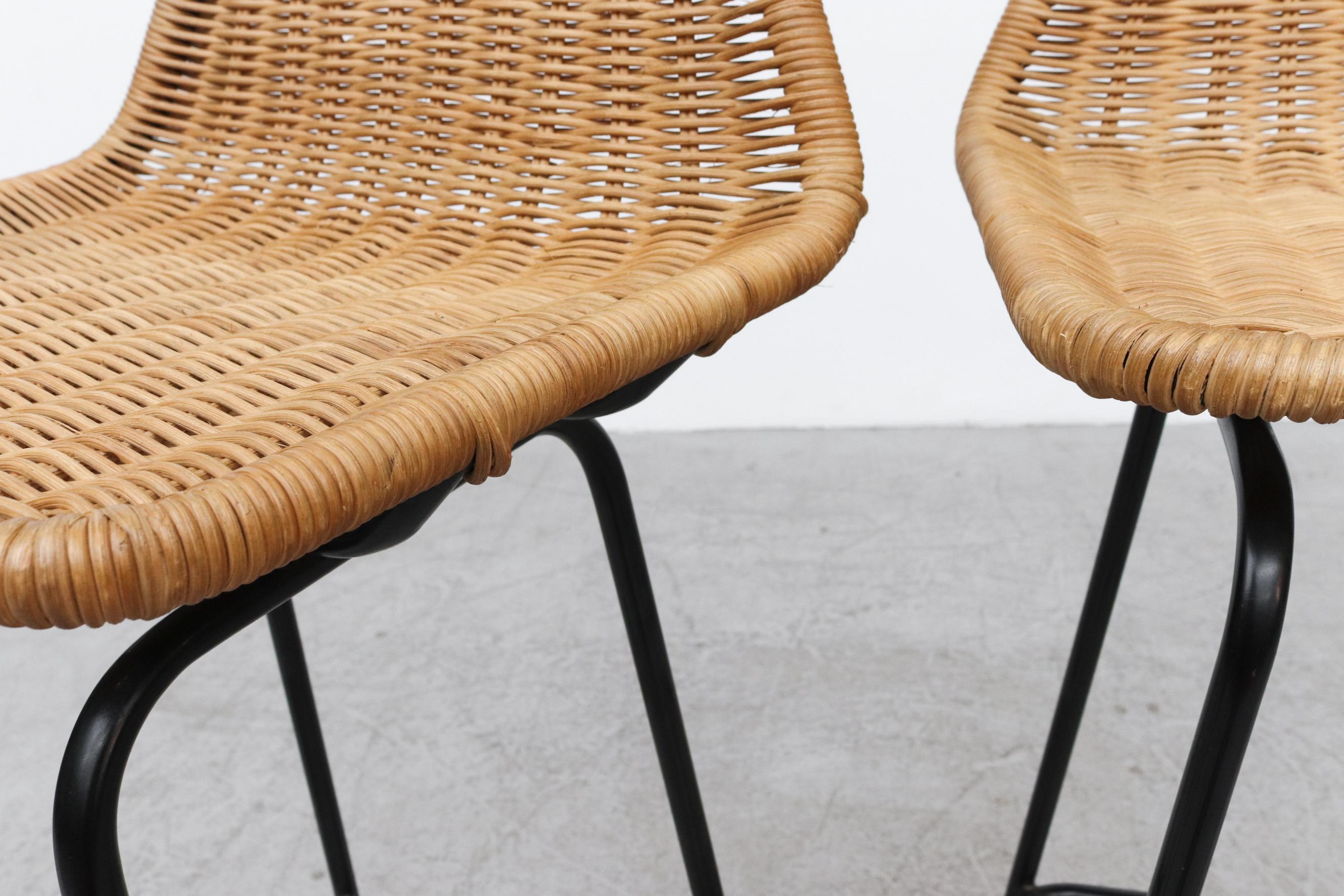 Dutch Charlotte Perriand Style Wicker Stools with Angled Back and Black Legs