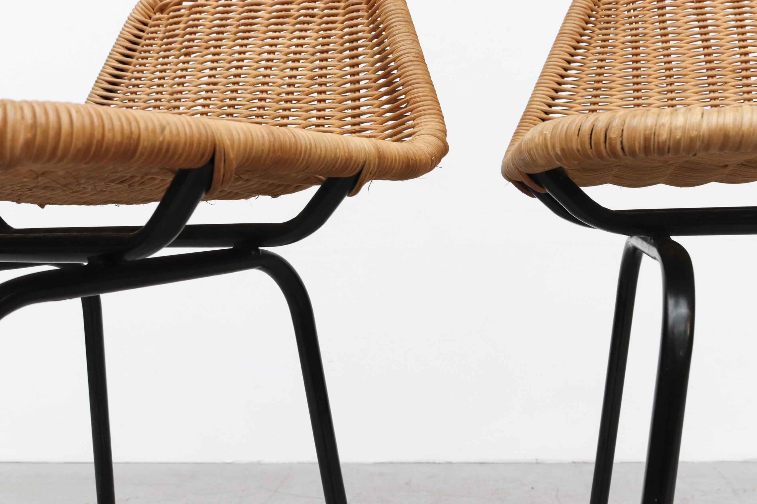 Woven Charlotte Perriand Style Wicker Stools with Angled Back and Black Legs