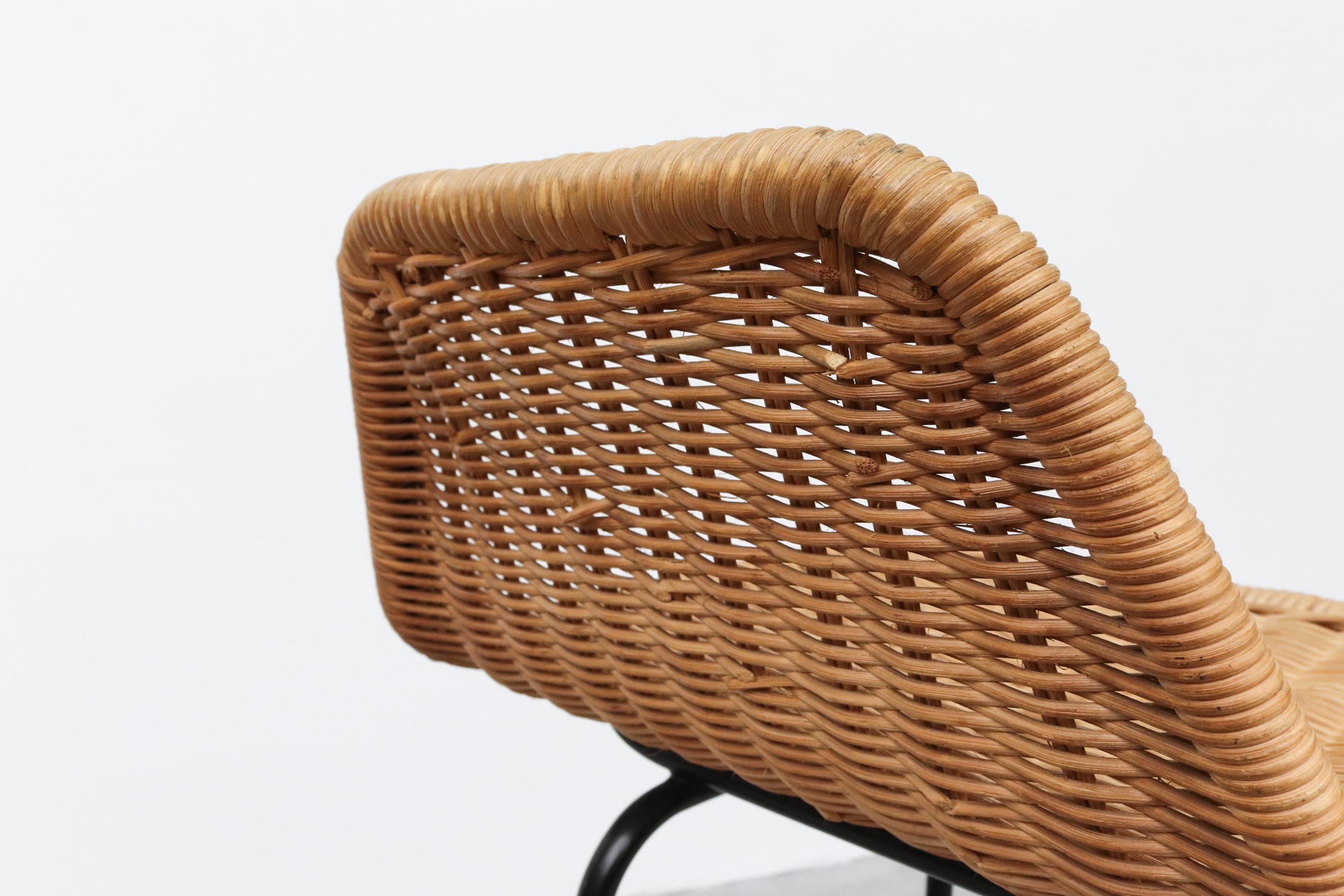 Charlotte Perriand Style Wicker Stools with Angled Back and Black Legs 1