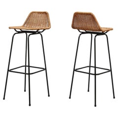 Charlotte Perriand Style Wicker Stools with Angled Back and Black Legs