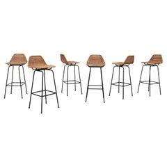 Charlotte Perriand Style Wicker Stools with Black Legs and Angled Back