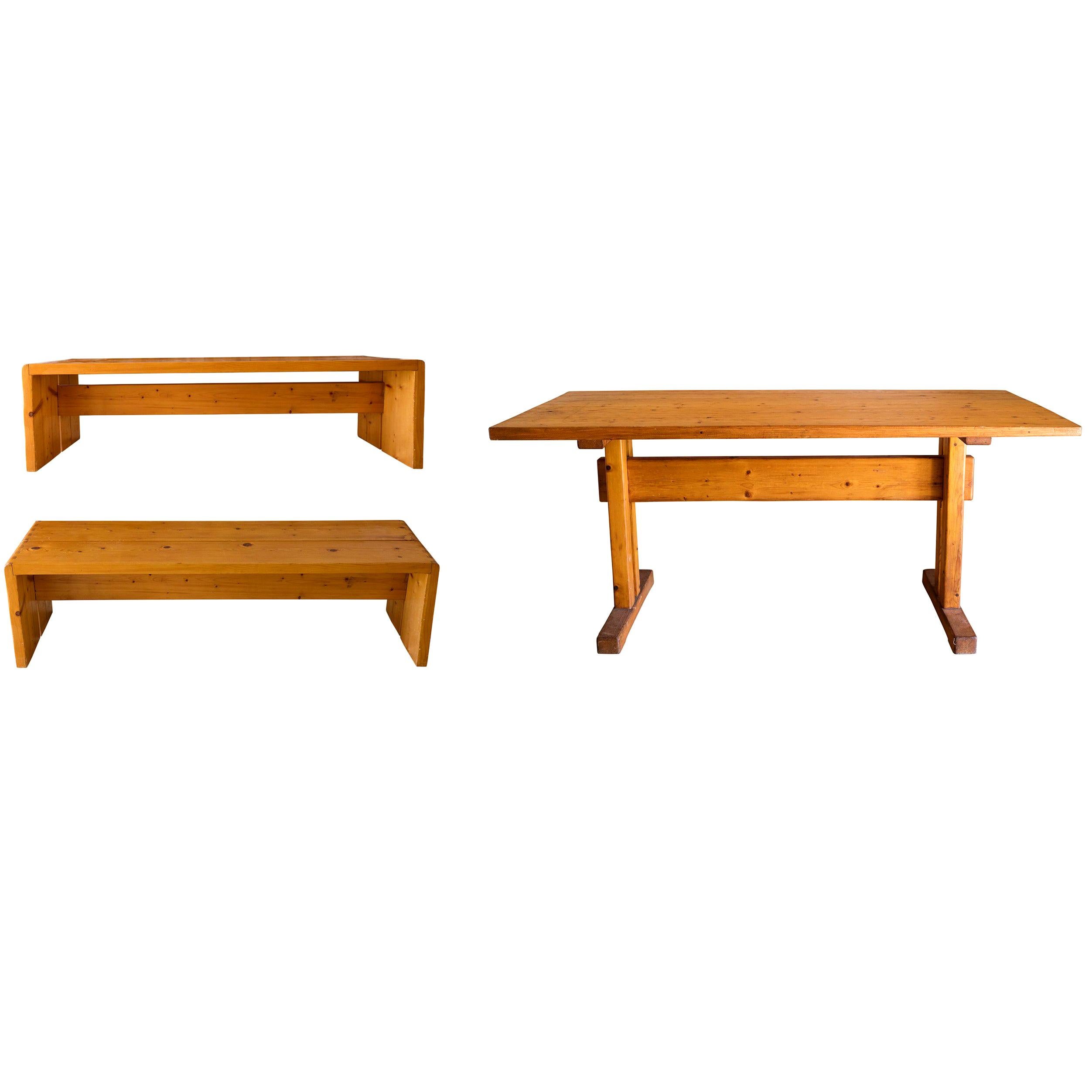 Charlotte Perriand Table and Benches for Les Arcs, Pinewood, circa 1950, France For Sale