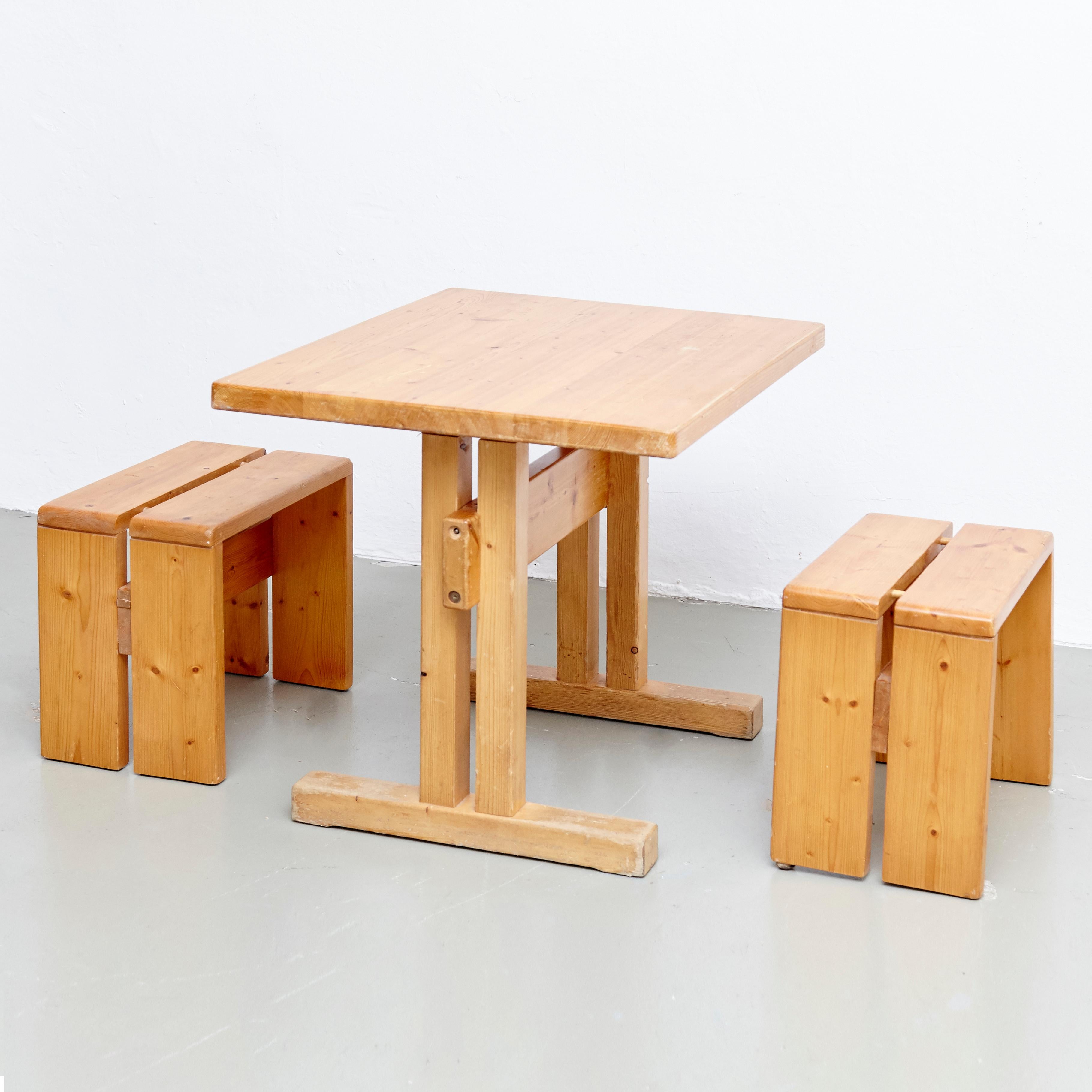 French Charlotte Perriand Table and Stools for Les Arcs