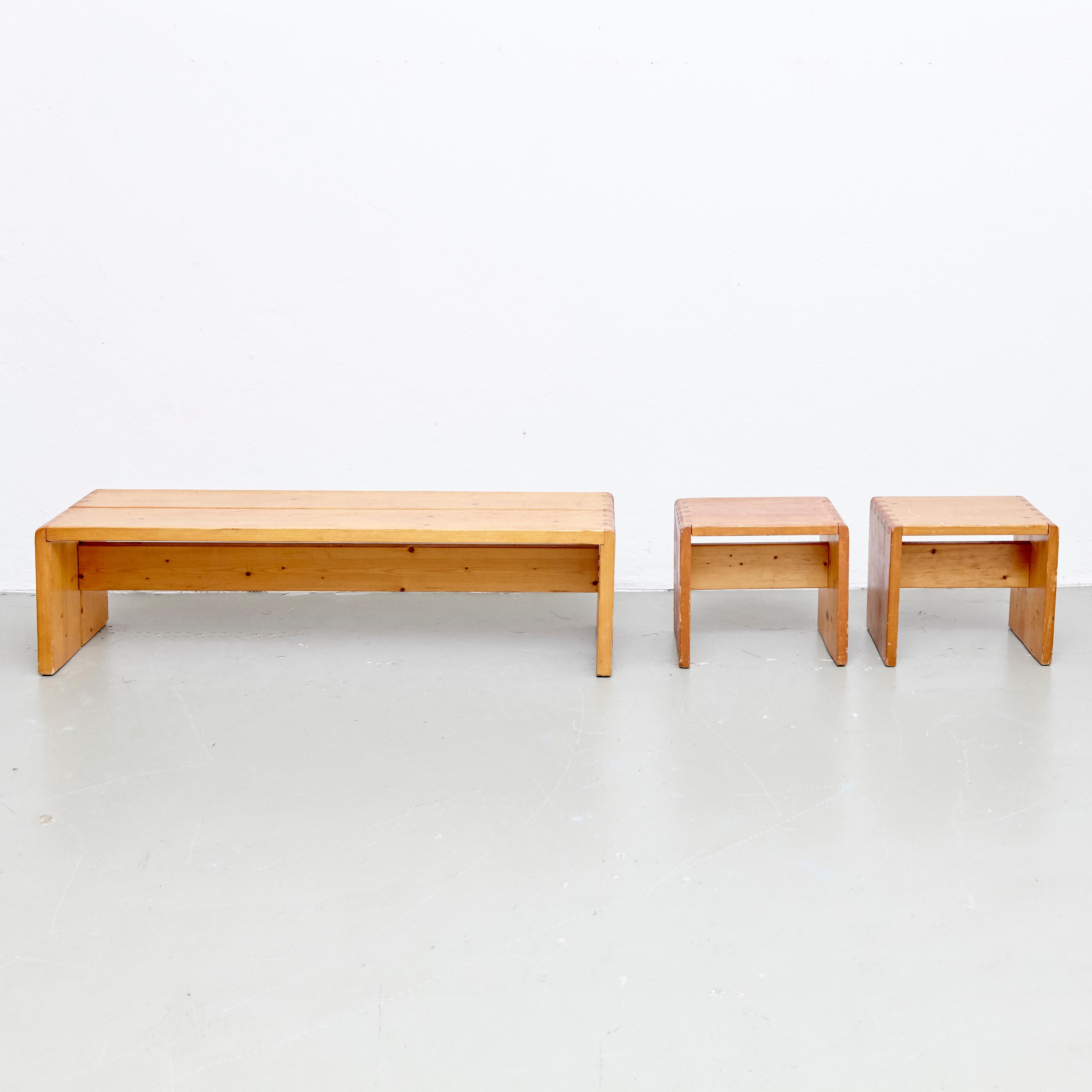 Pine Charlotte Perriand Table, Stools and Bench for Les Arcs