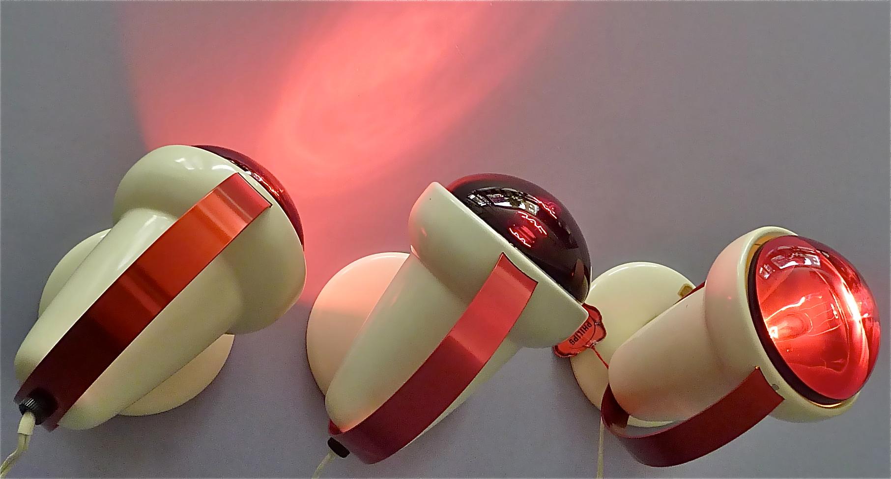 Charlotte Perriand Table Wall Lamps for Philips Set of Three Red Spaceage Lights For Sale 9