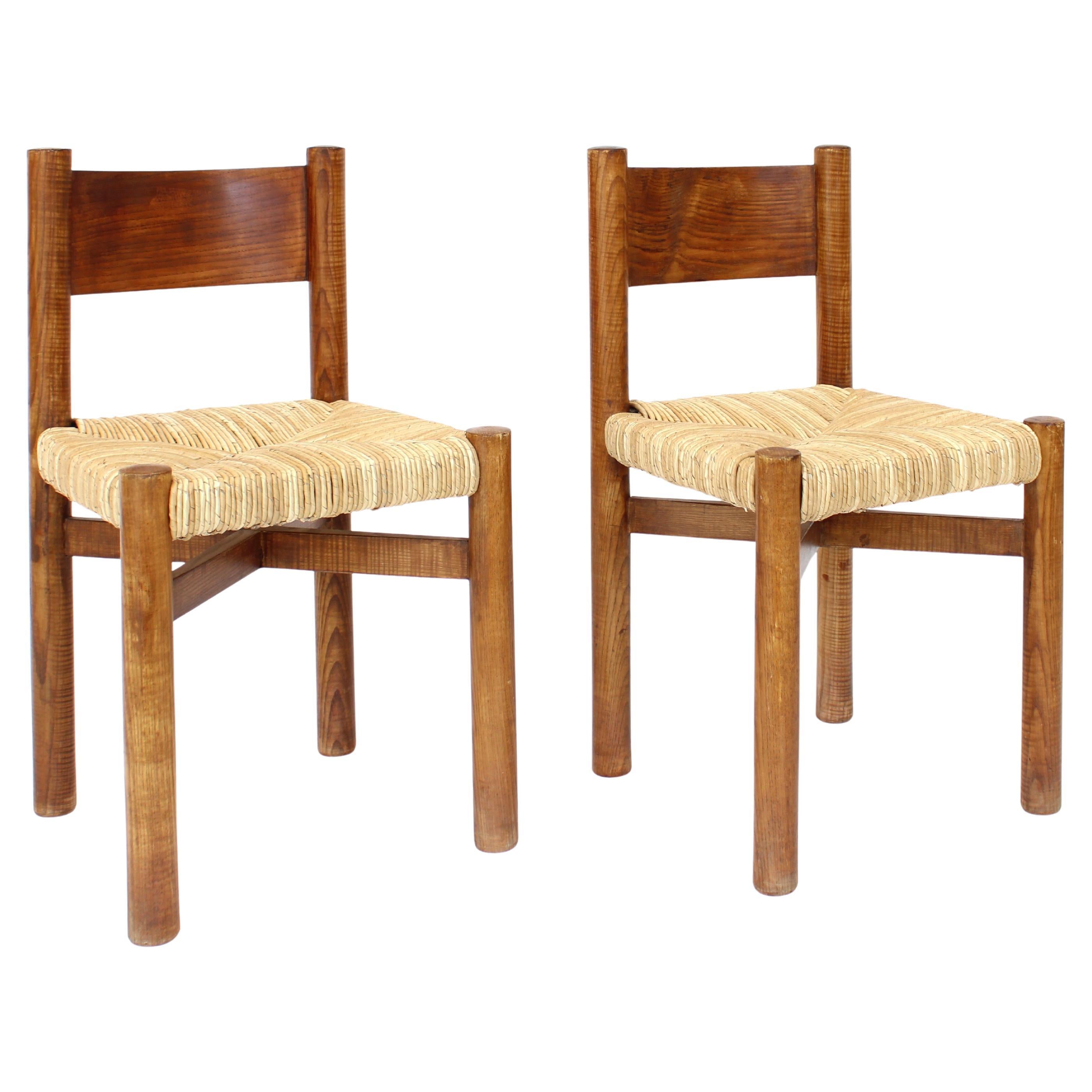 Charlotte Perriand Two Meribel Oak and Rush Dining Chairs Les Arcs
