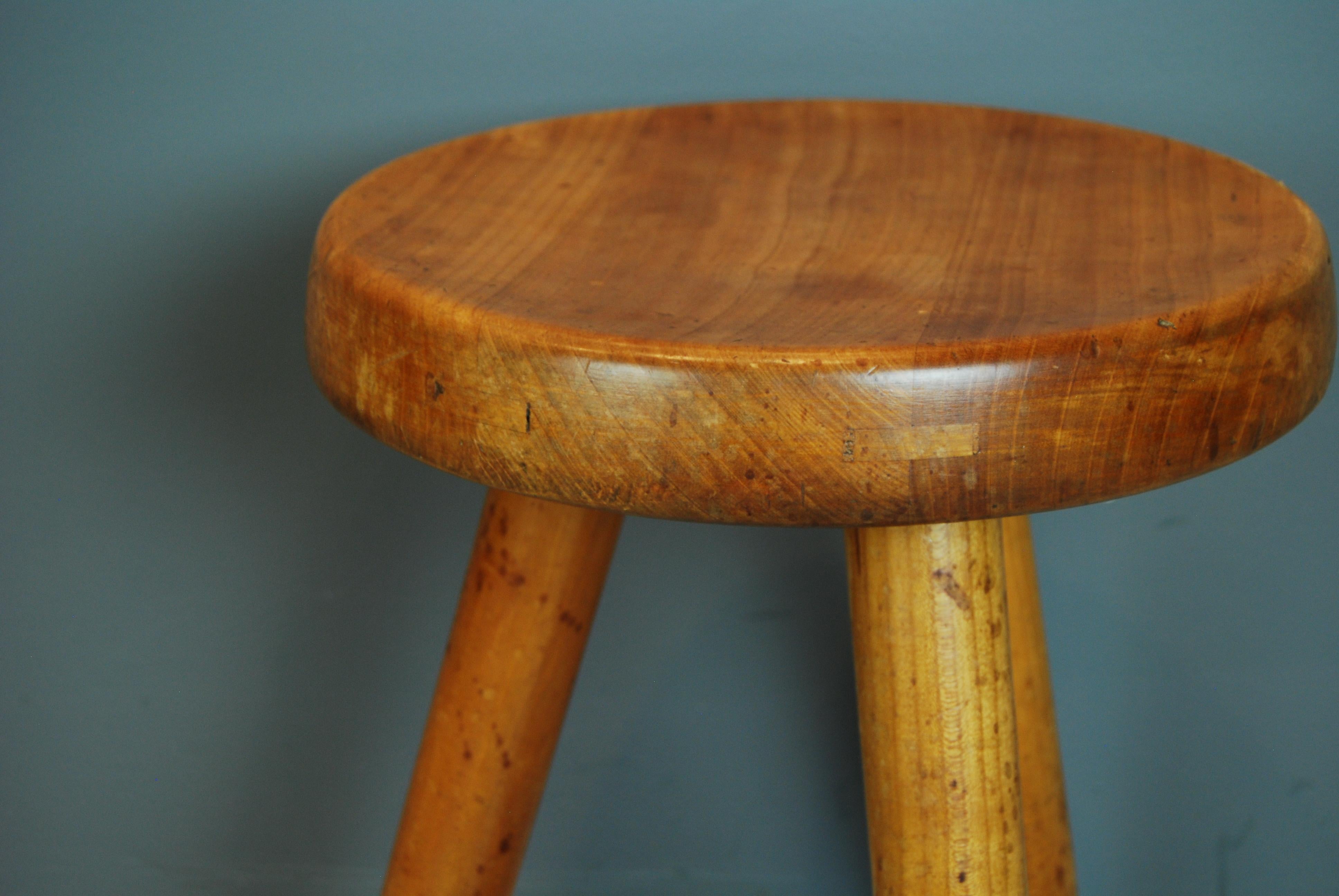 Hand-Carved Charlotte Perriand, Solid Elm Stool, 1953