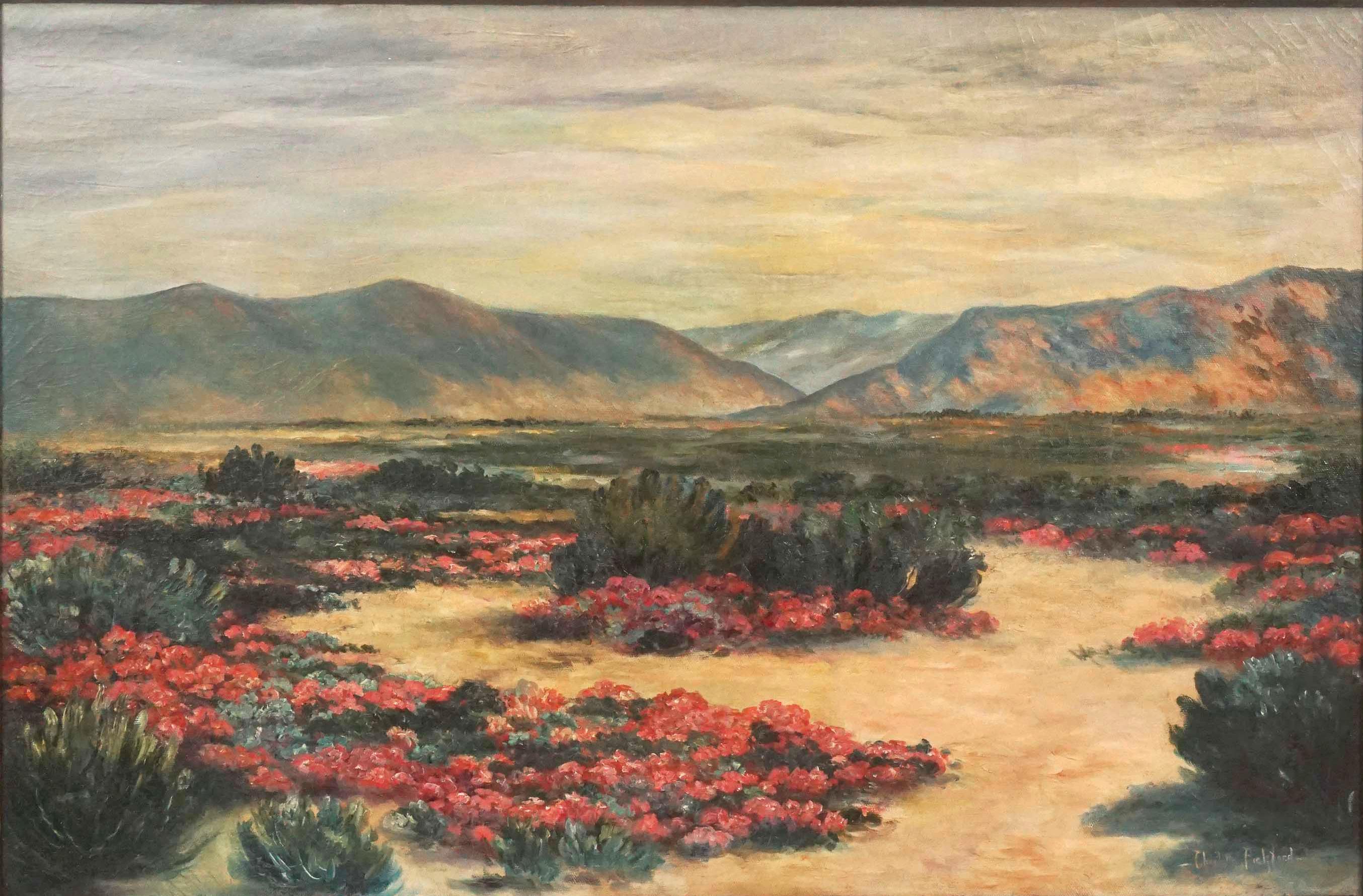 Early 20th Century Flowering Palm Springs in Bloom, Superbloom Desert Landscape  - Painting by Charlotte Pickford