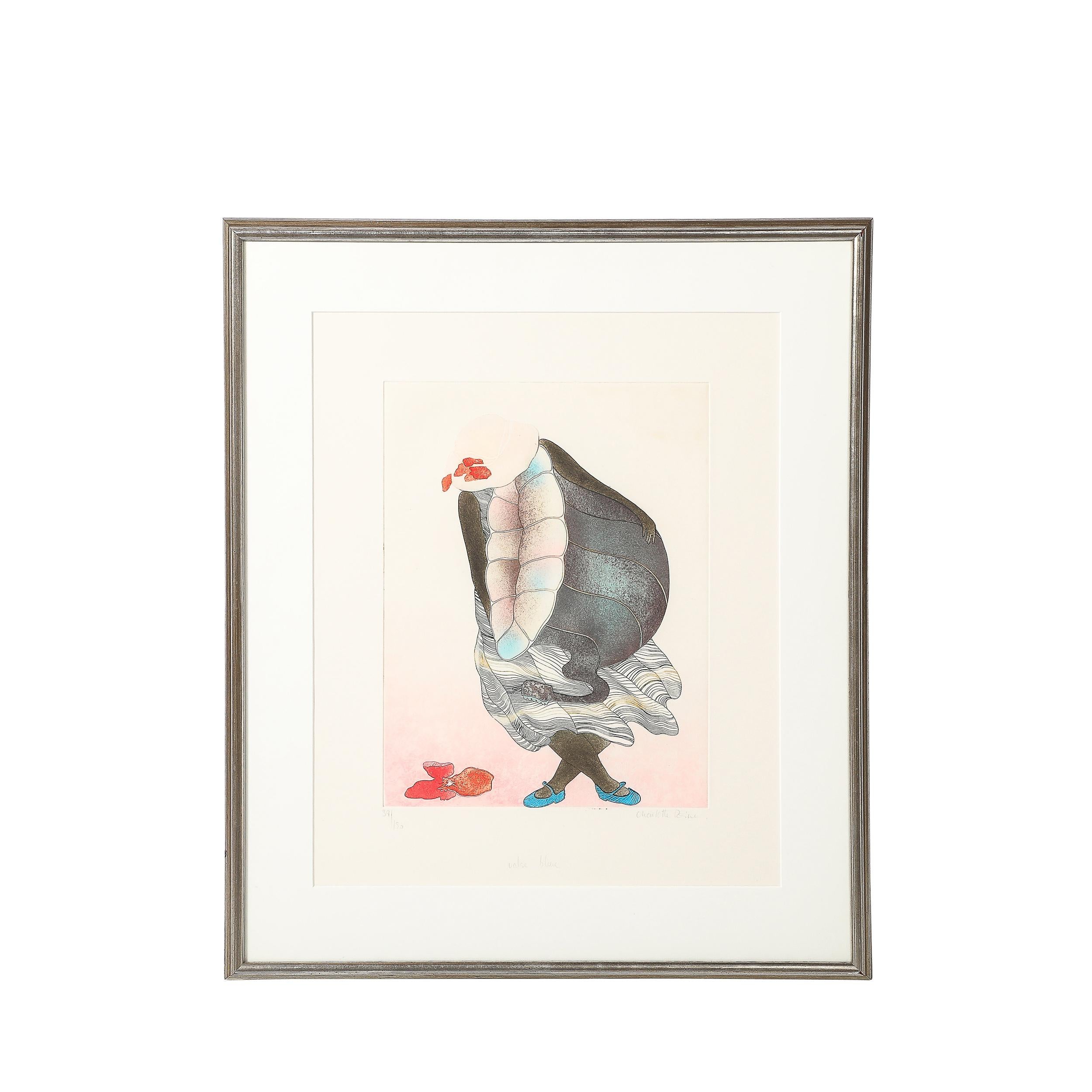 Charlotte Reine’s Valse Blue is a striking mid-century modernist lithograph created in 1988, showcasing her blend of lyrical abstraction and bold color theory. This limited-edition work (39/150) is hand-signed by the artist, underscoring its