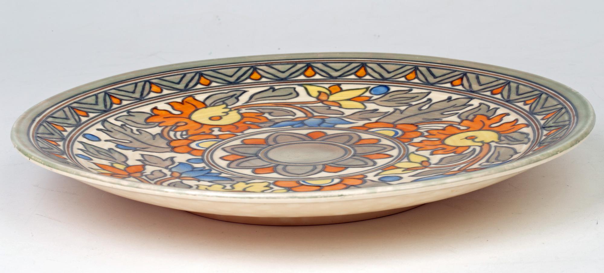 English Charlotte Rhead Art Deco Crown Ducal Floral Tubelined Art Pottery Charger For Sale
