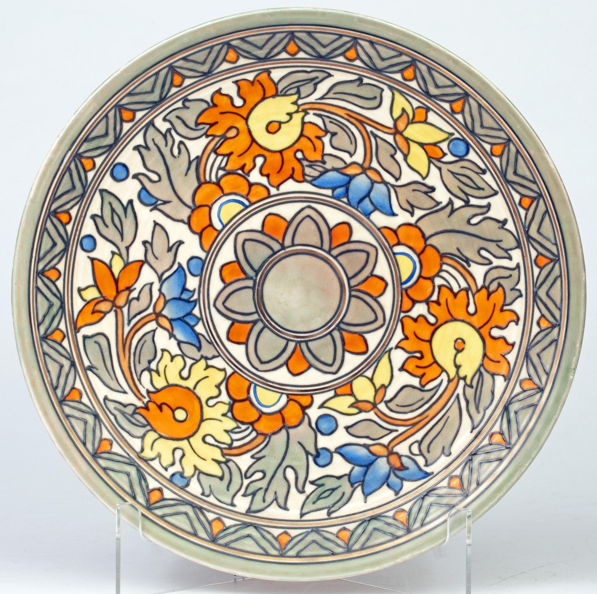 Hand-Painted Charlotte Rhead Art Deco Crown Ducal Floral Tubelined Art Pottery Charger For Sale