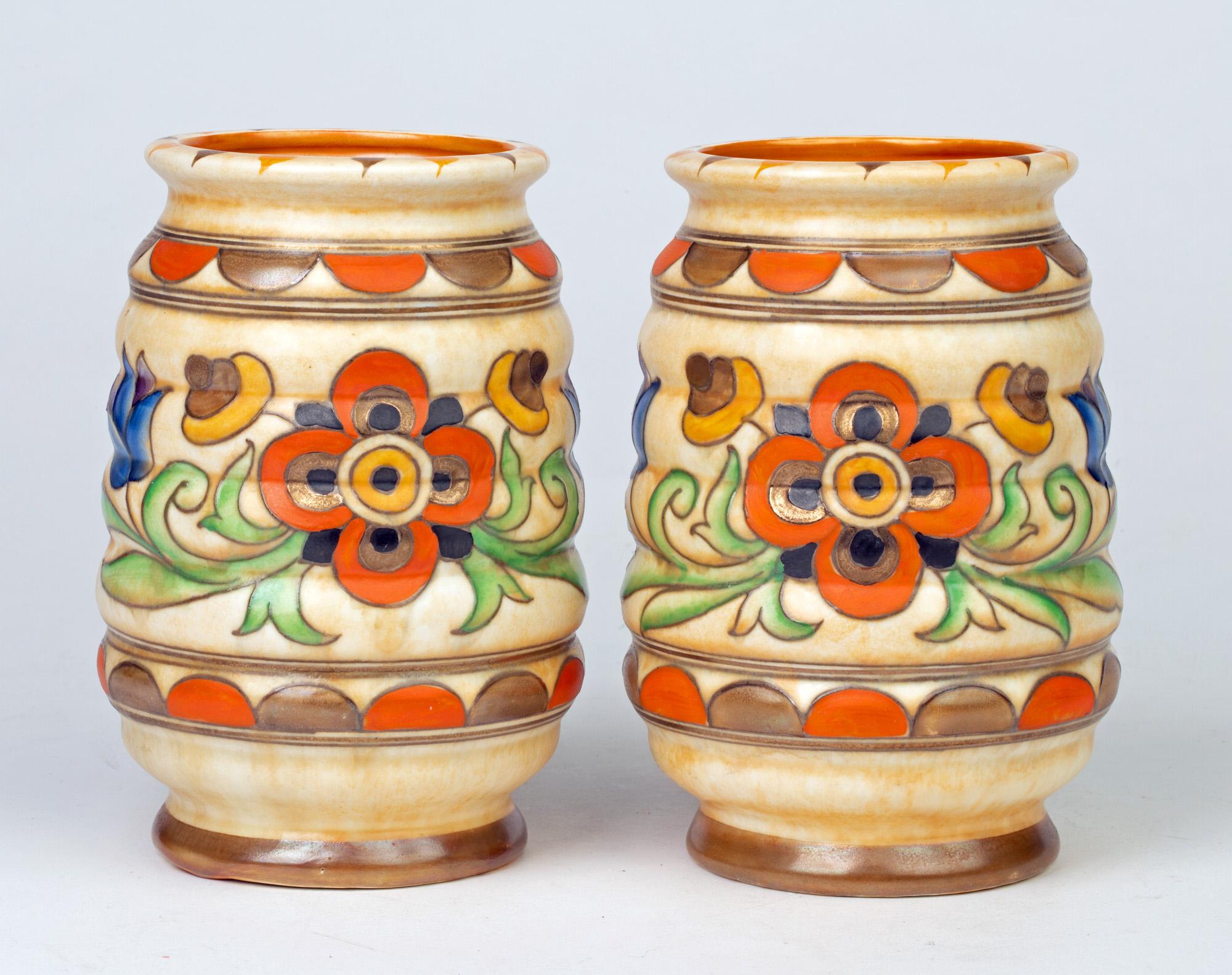 Charlotte Rhead Pair of Art Deco Crown Ducal Tube Lined Pottery Vases 2