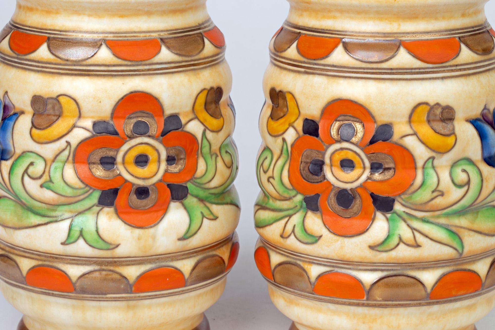 Charlotte Rhead Pair of Art Deco Crown Ducal Tube Lined Pottery Vases 4