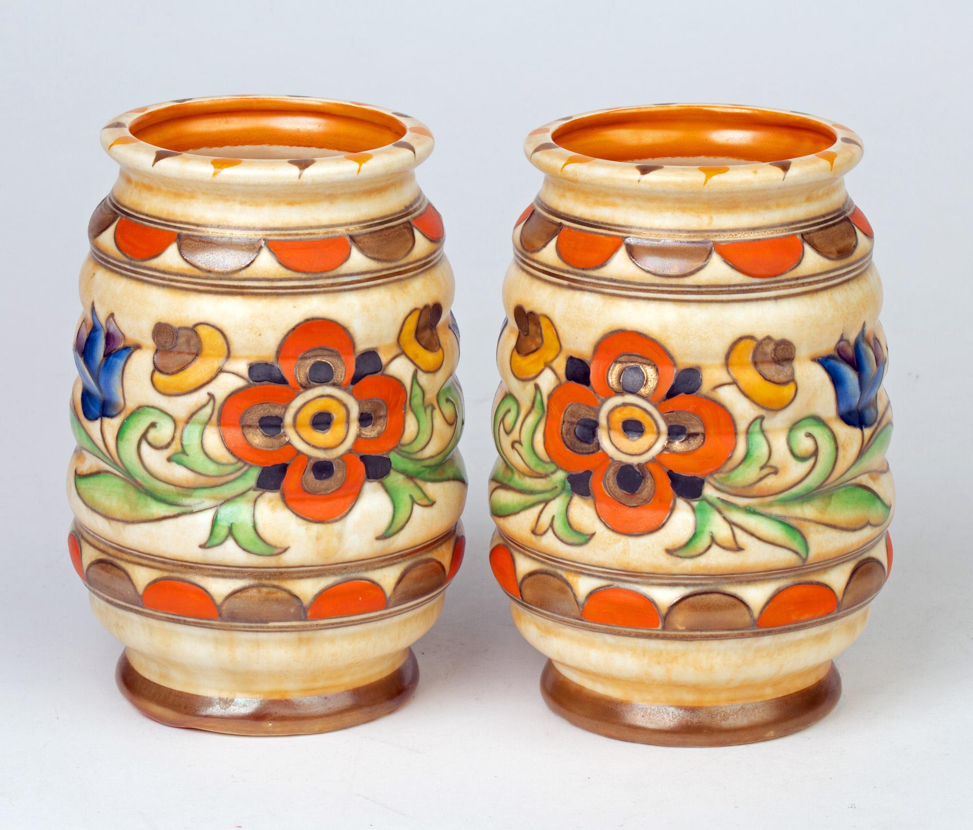 English Charlotte Rhead Pair of Art Deco Crown Ducal Tube Lined Pottery Vases