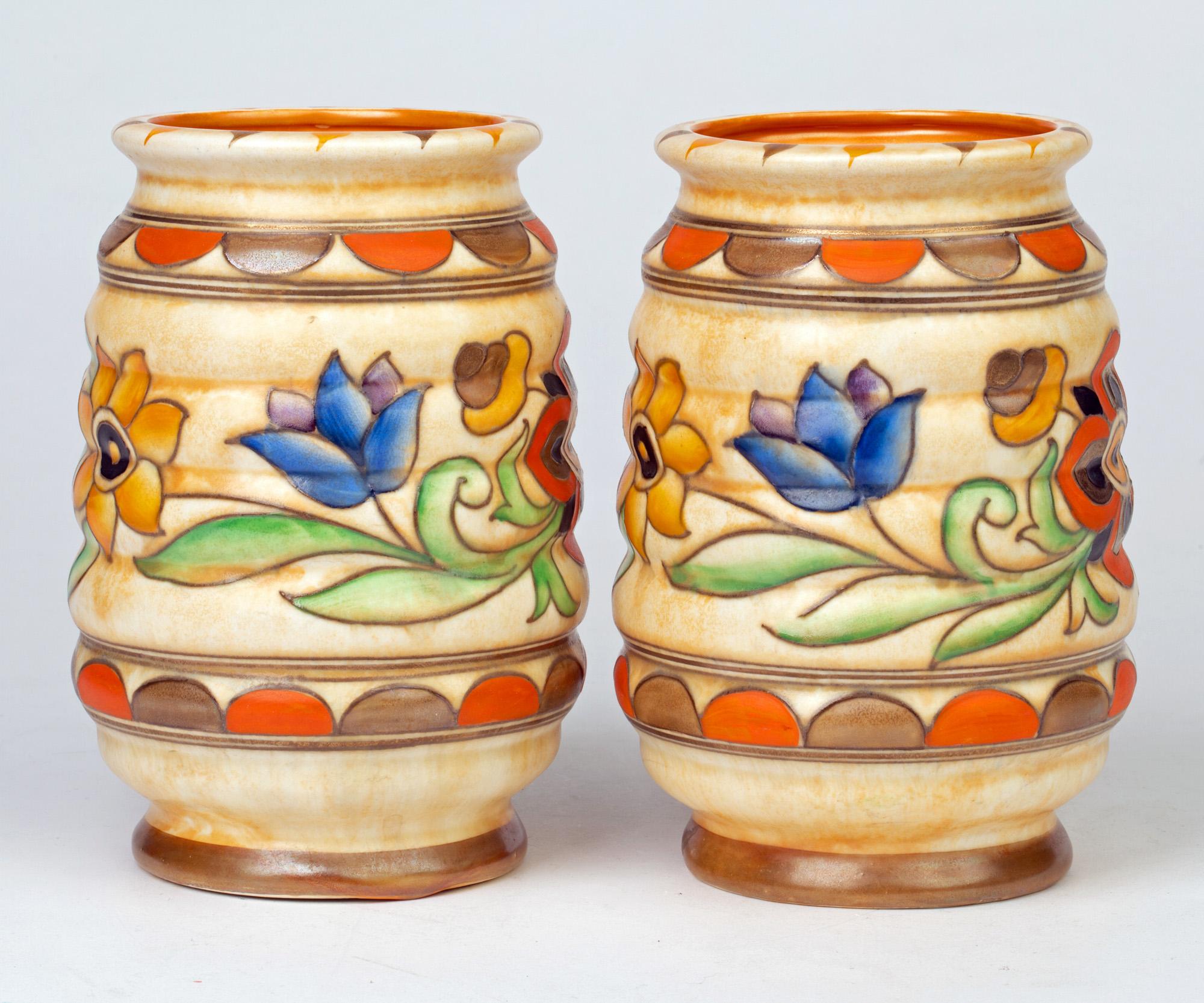 Hand-Painted Charlotte Rhead Pair of Art Deco Crown Ducal Tube Lined Pottery Vases