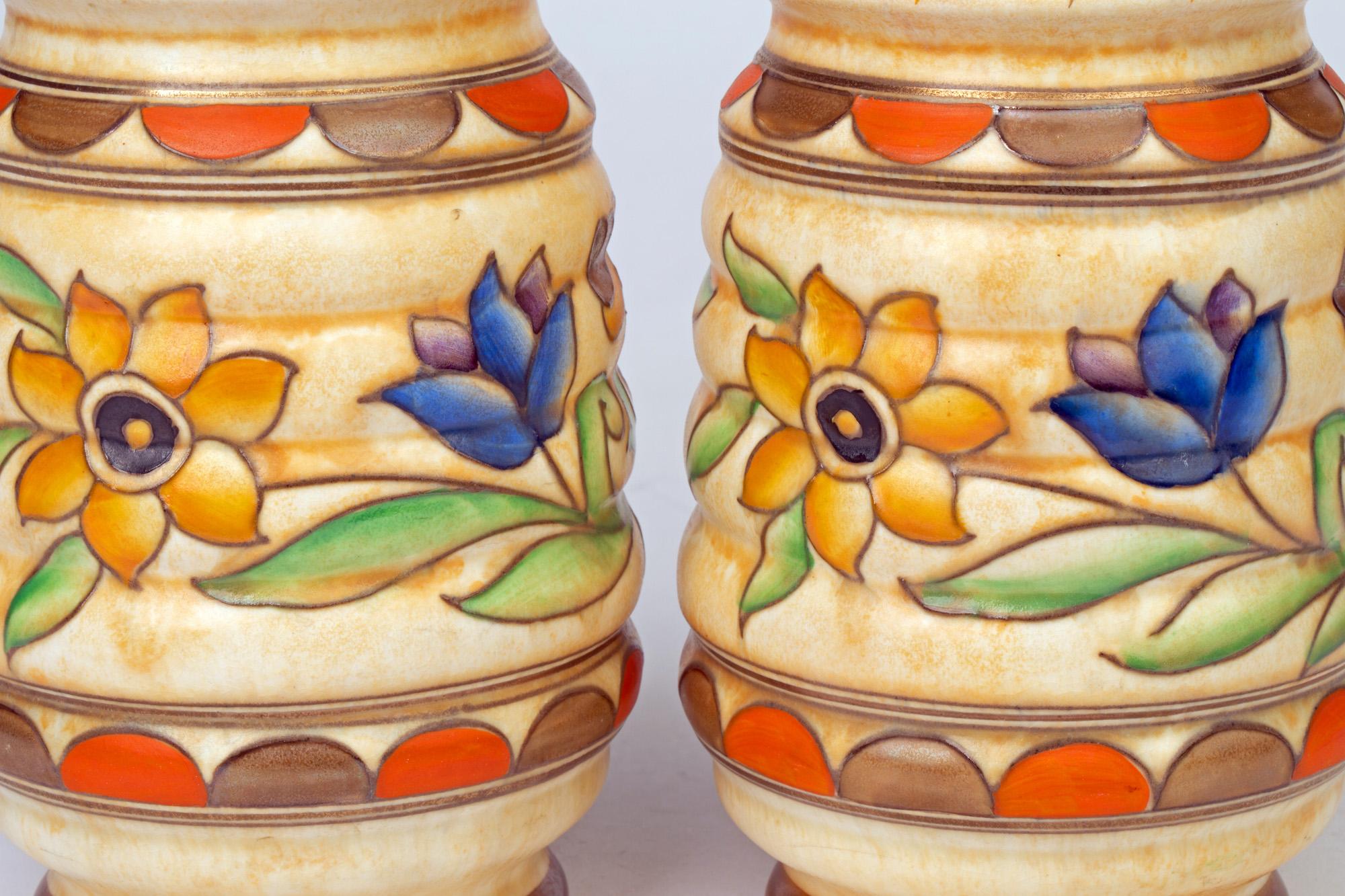 Charlotte Rhead Pair of Art Deco Crown Ducal Tube Lined Pottery Vases In Good Condition In Bishop's Stortford, Hertfordshire