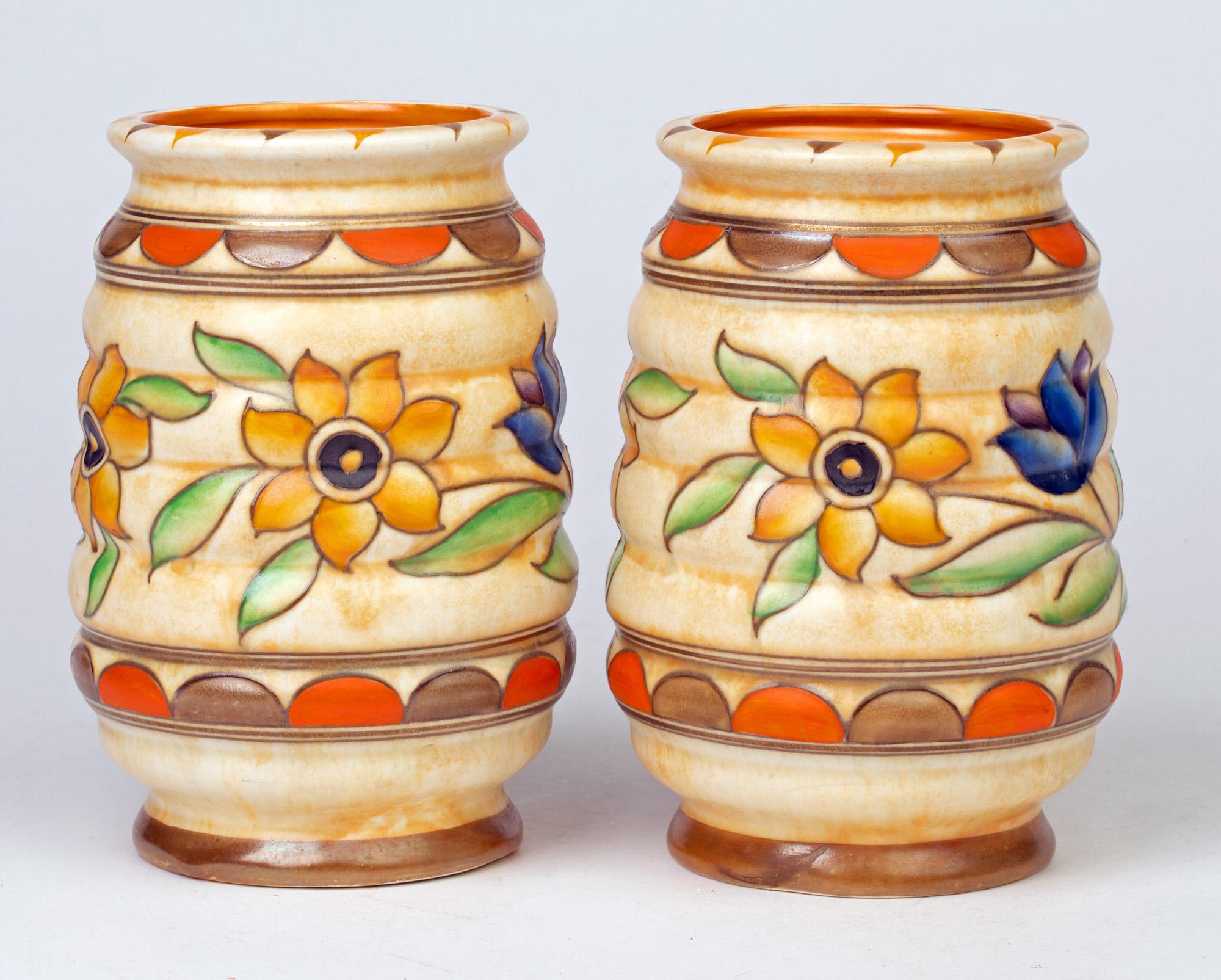 Mid-20th Century Charlotte Rhead Pair of Art Deco Crown Ducal Tube Lined Pottery Vases