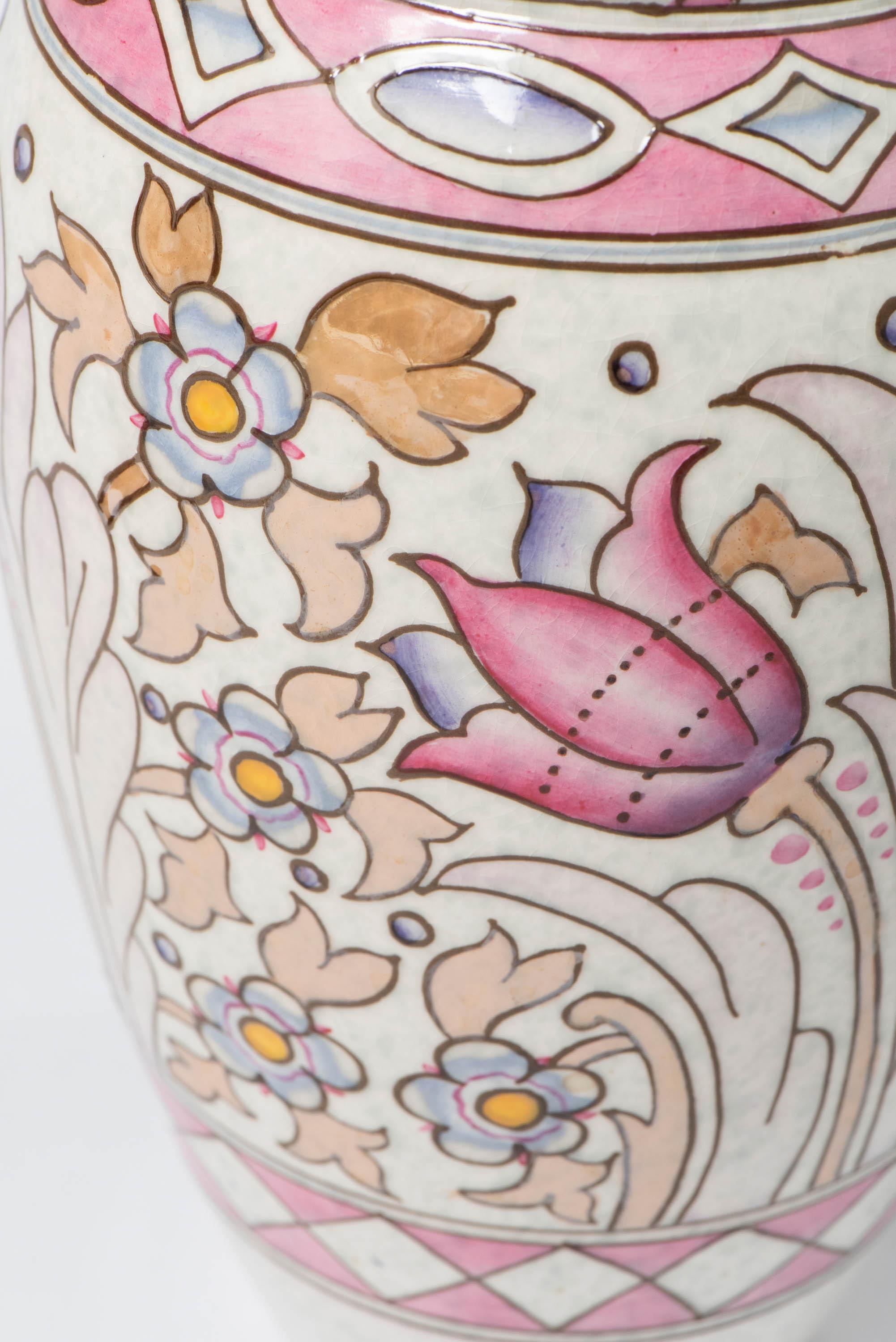 English Charlotte Rhead Pottery Vase with Flowers, England, circa 1920 For Sale