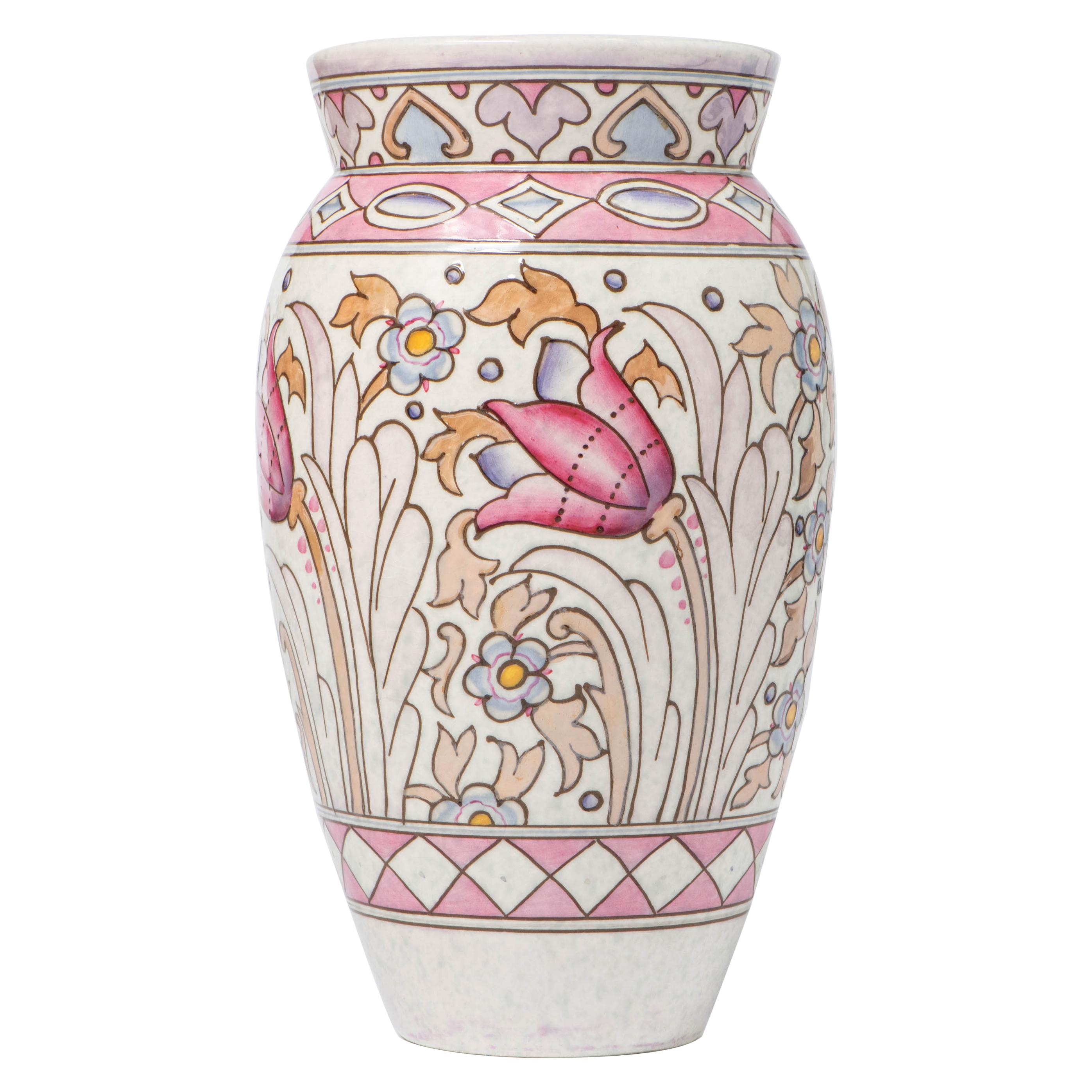 Charlotte Rhead Pottery Vase with Flowers, England, circa 1920 For Sale