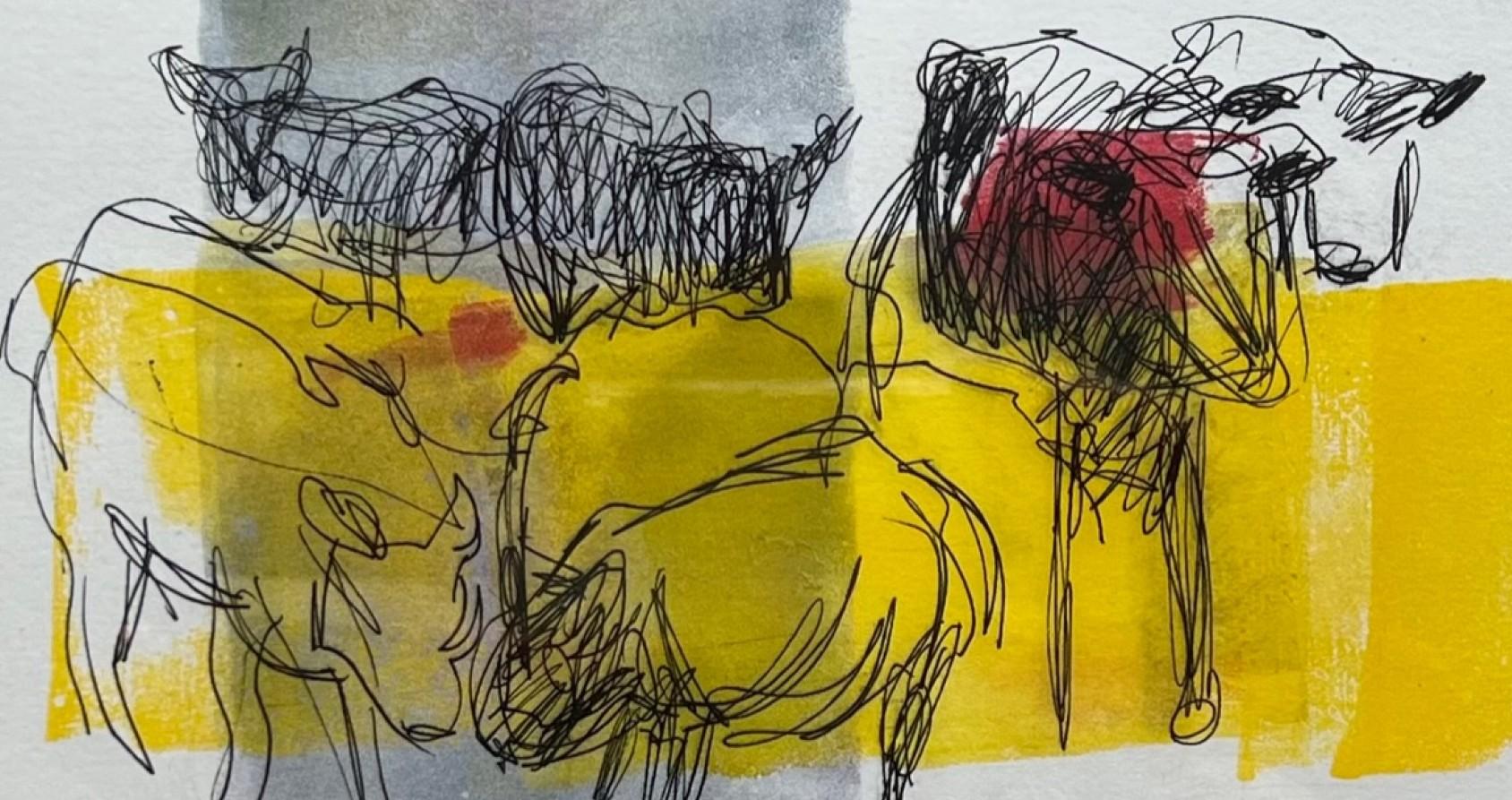   Kühe, Monotypie und Collage im Stil der abstrakten Malerei  Figurative Kunst  (Abstrakter Expressionismus), Mixed Media Art, von Charlotte Seifert