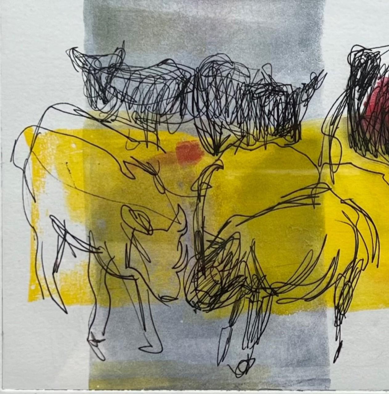 Cows displays bold and bright colors to highlight this abstract figurative work of art. This is a new series of monotype/collage  by the artists. It is 1/1 on paper in a custom frame which measures  13 x 17. It is protected in museum quality