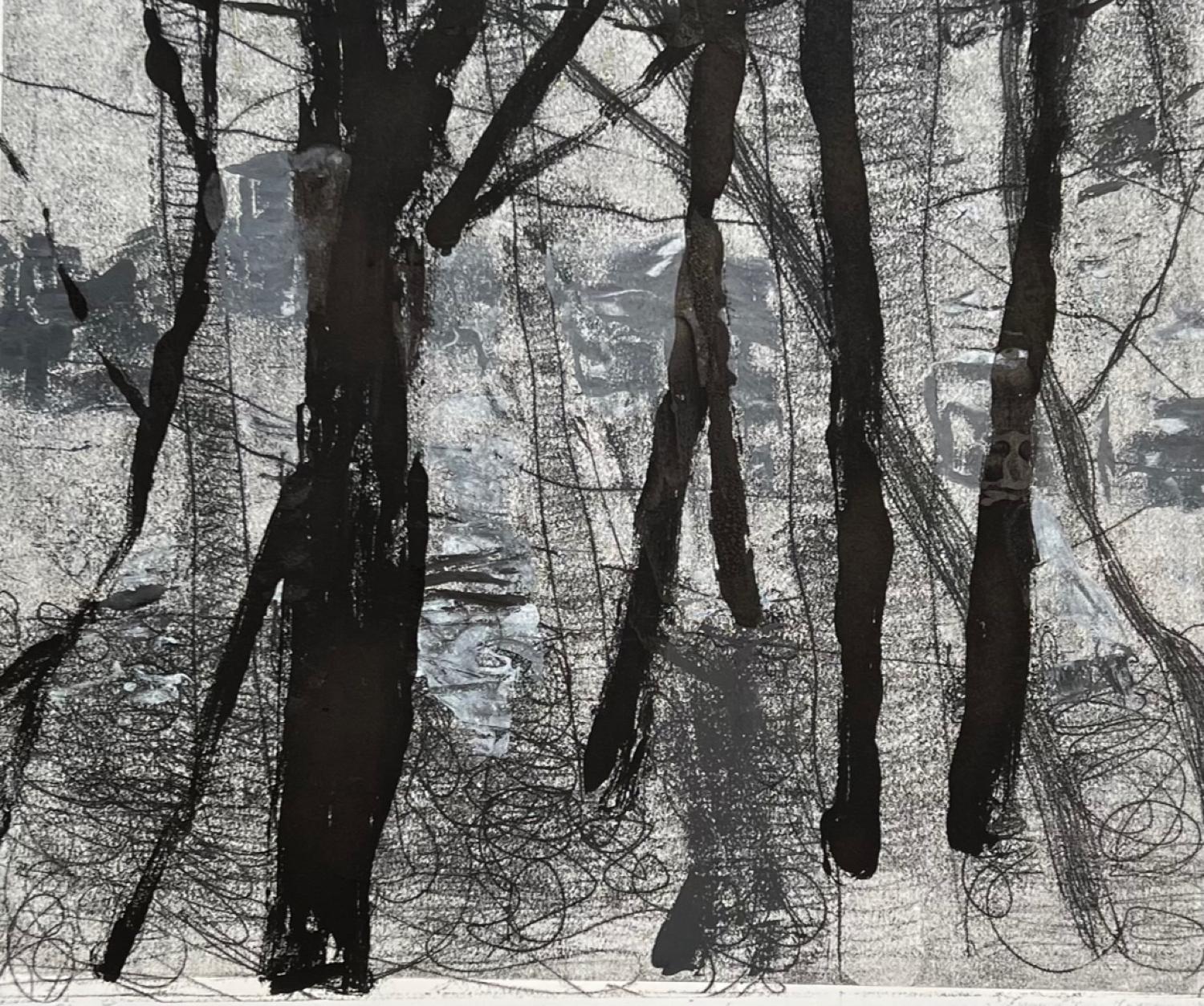 Brazos River Trees ist eine 18 x 18 große Monotypie/Collage der texanischen Künstlerin Charlotte Seifert. Brazos River Trees ist 18 x 18 und gerahmt ist es  30 x 30. Die Monotypie-Collage ist gedruckt auf  RFK Paper in Houston, Texas. Der Brazos