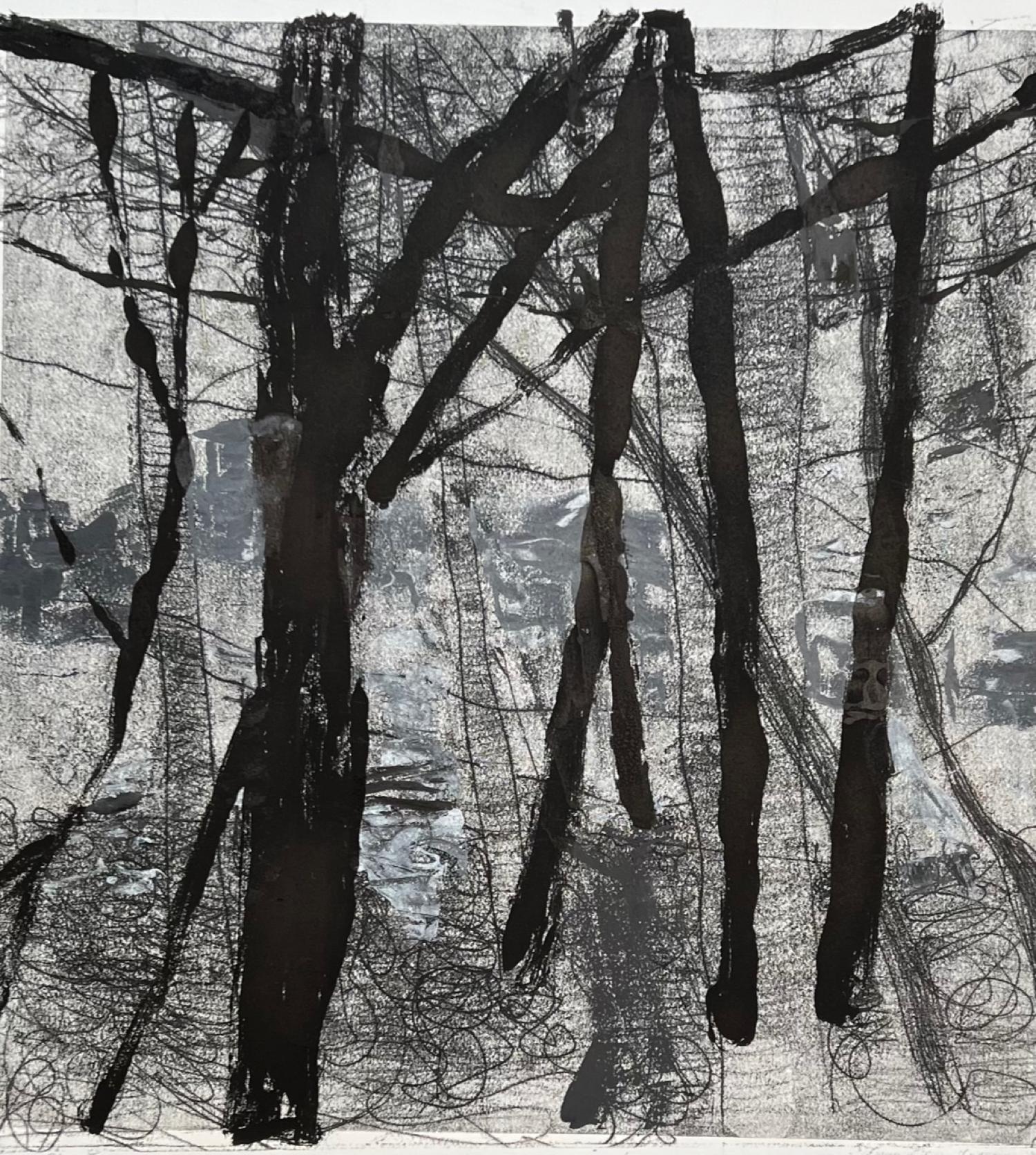 Charlotte Seifert Landscape Painting -  Brazos River Trees (Texas)  Monotype and Collage Printed on  River BFK Paper 