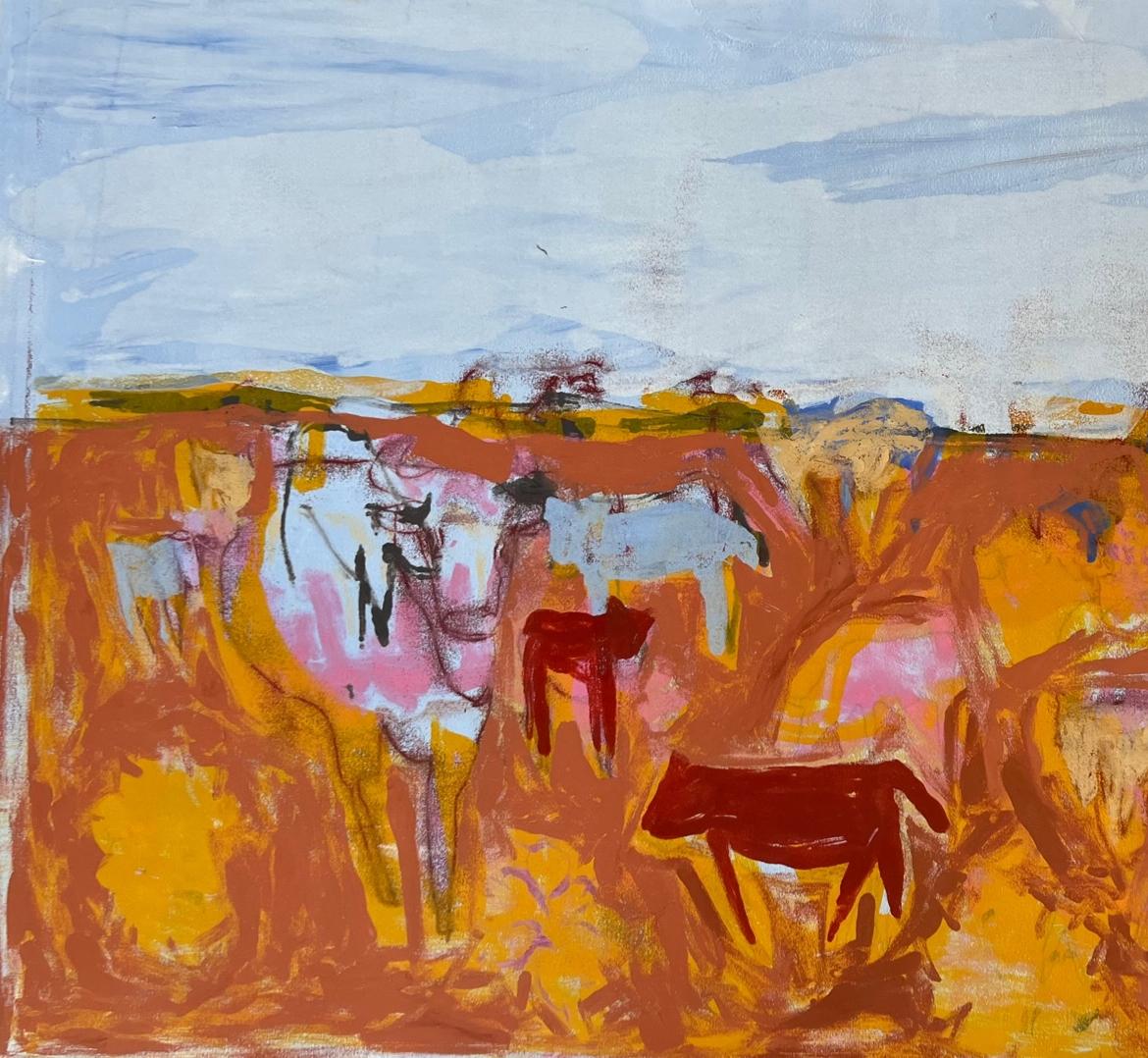 COWS Monotype 31 x 44  Abstract Figurative Art   Framed 37 x 50  Cattle - Abstract Expressionist Mixed Media Art by Charlotte Seifert