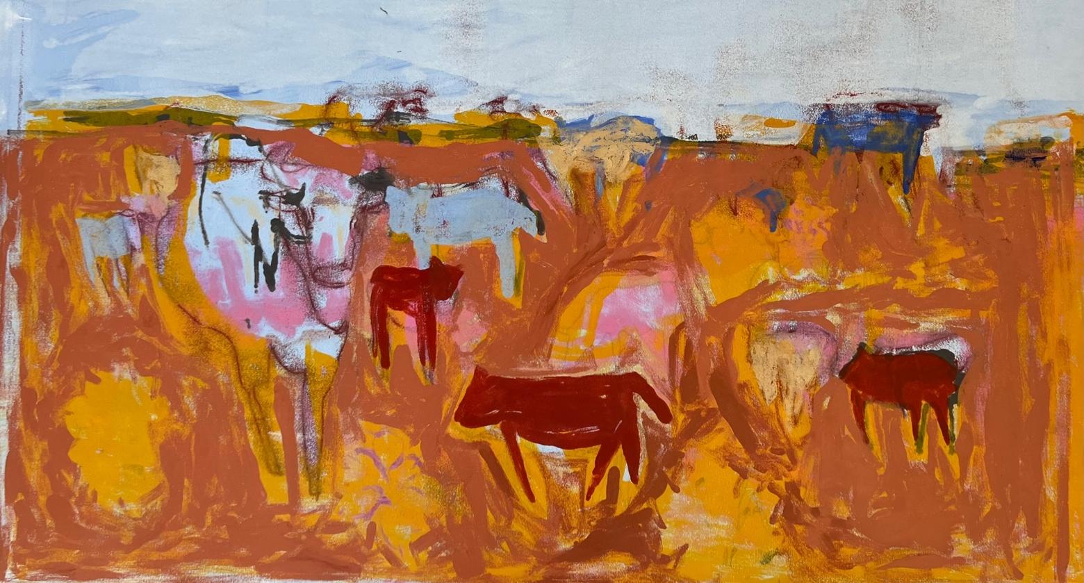 Cows ist ein 1 von 1 Monotypie und zeigt fett und hellen Farben, um diese abstrakte figurative Kunstwerk zu markieren. Dies ist eine neue Serie von Monotypien von Charlotte Seifert, die sie im Jahr 2023 zu tun begann Es ist 1/1 auf Papier in einem