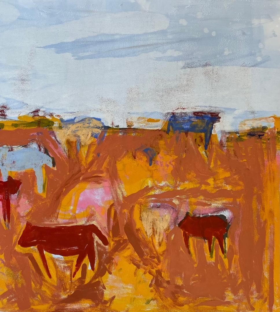 COWS Monotype 31 x 44  Abstract Figurative Art   Framed 37 x 50  Cattle 1