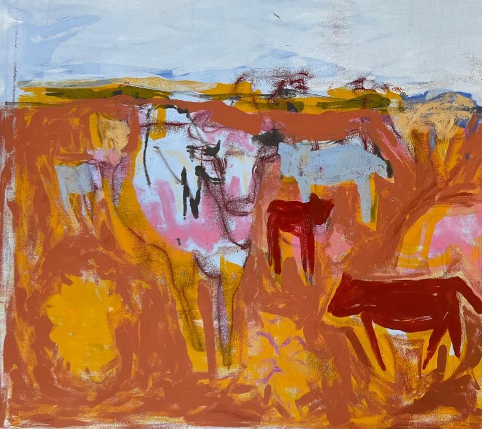 COWS Monotype 31 x 44  Abstract Figurative Art   Framed 37 x 50  Cattle 2