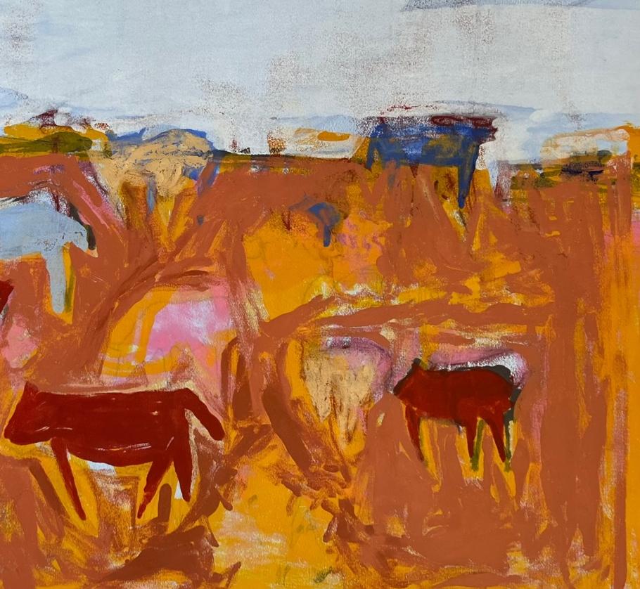COWS Monotype 31 x 44  Abstract Figurative Art   Framed 37 x 50  Cattle 3