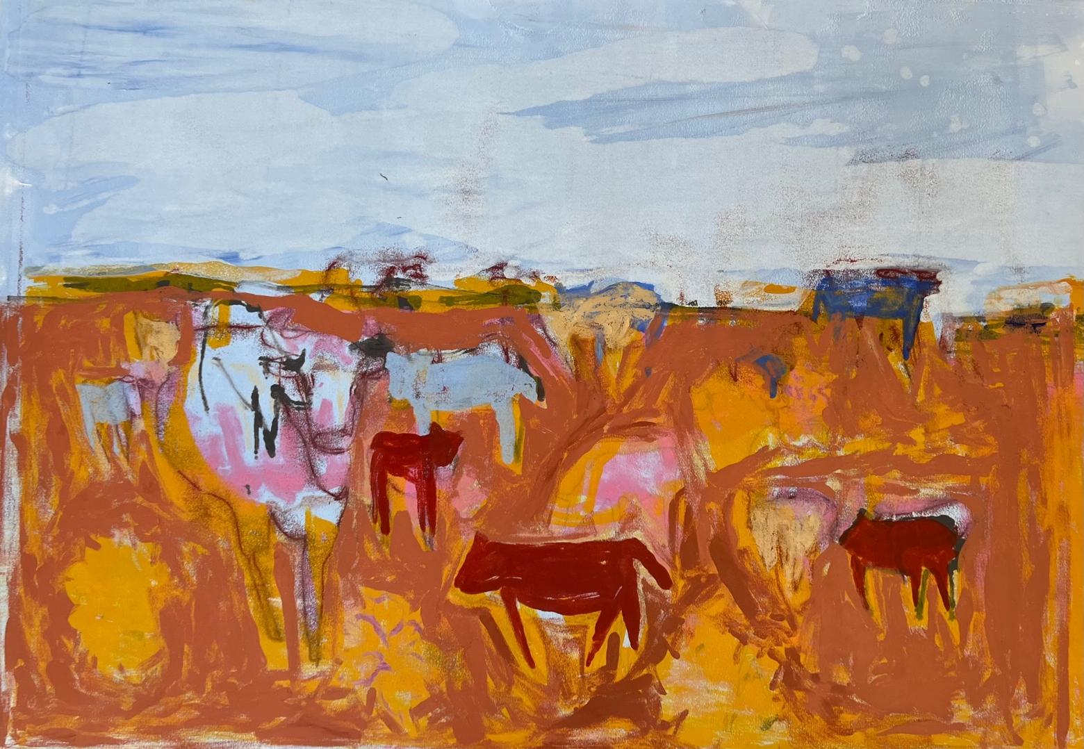 COWS Monotype 31 x 44  Abstract Figurative Art   Framed 37 x 50  Cattle - Mixed Media Art by Charlotte Seifert