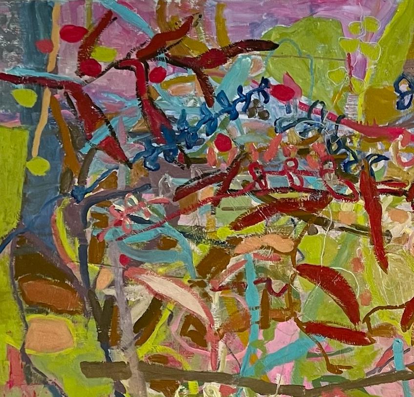 Jardin de Monet, paysage abstrait, 48 x 48 cm, couleurs, panneau, Femmes dans les arts, Paris - Marron Abstract Painting par Charlotte Seifert