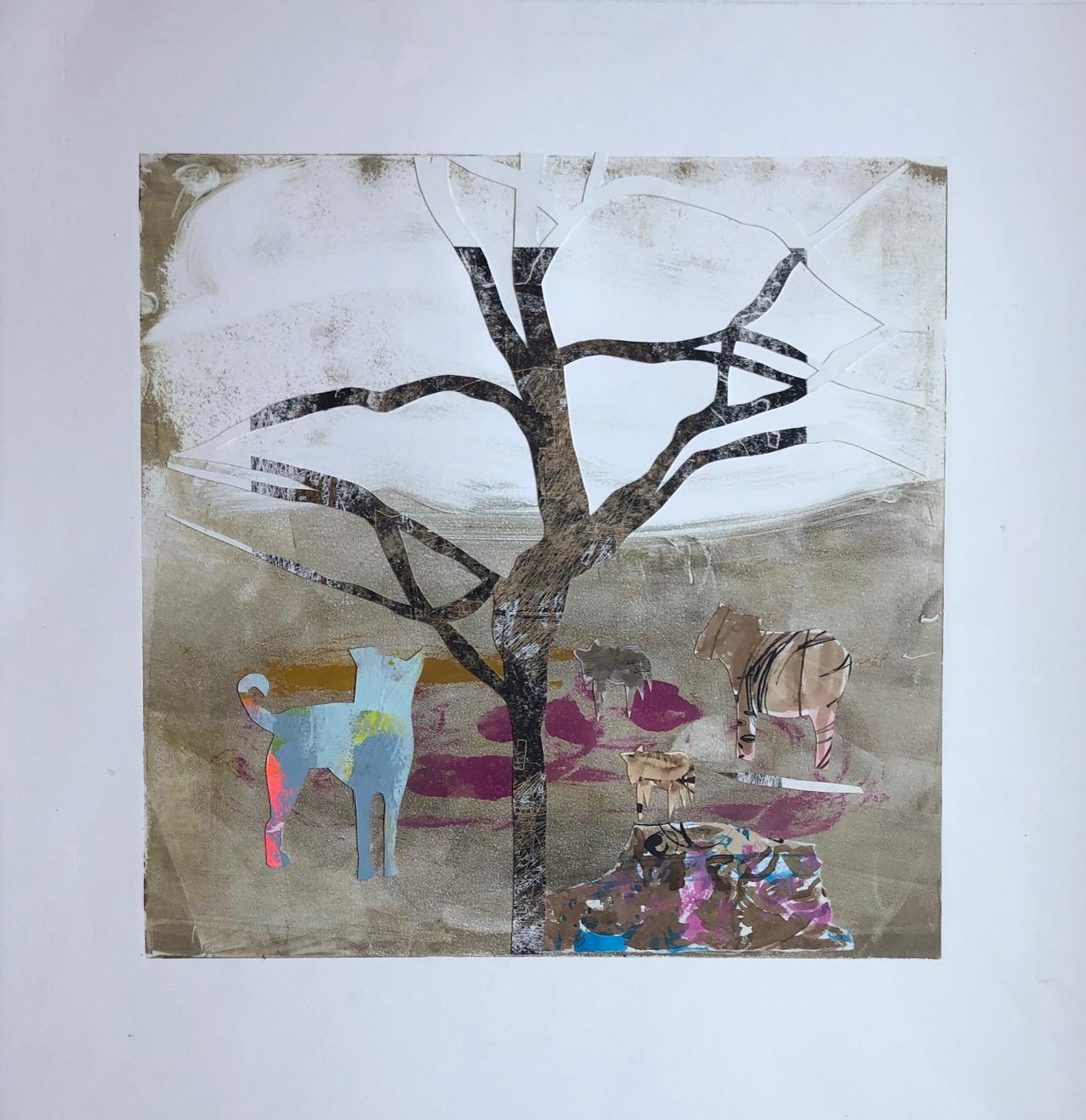 In giro per il mondo,  Monotipo  e Collage, Astratto  Arte figurativa, con cornice 23x23 - Animal Painting Grigio di Charlotte Seifert