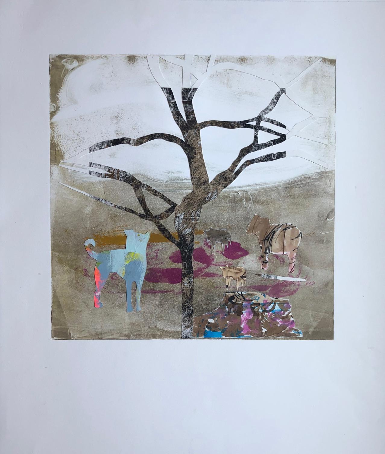 Charlotte Seifert Animal Painting -  Roaming Around,  Monotype  and Collage, Abstract  Figurative Art, Framed 23x23