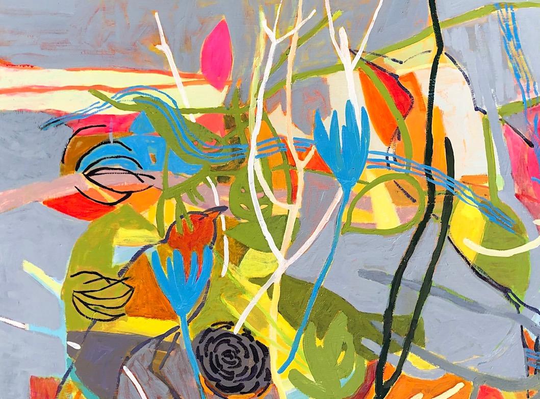 Federnd, abstrakt  Landlandschaft, 48 x 48 Öl, erfrischende Farben, hell (Abstrakter Expressionismus), Painting, von Charlotte Seifert