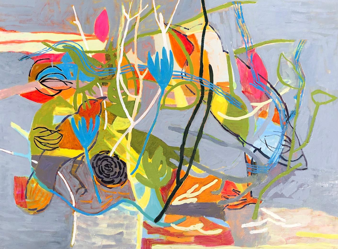 Federnd, abstrakt  Landlandschaft, 48 x 48 Öl, erfrischende Farben, hell (Beige), Abstract Painting, von Charlotte Seifert