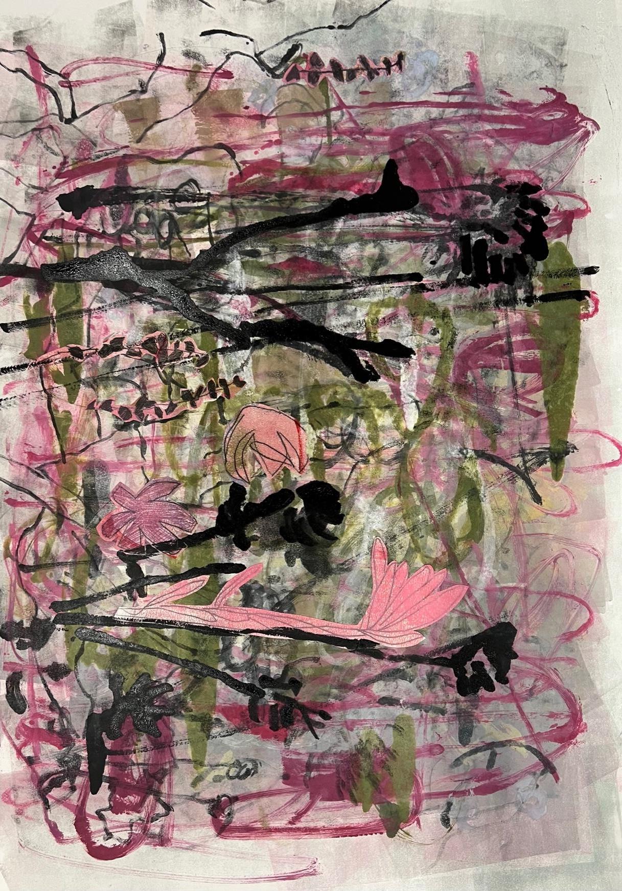 Jardín de las Tullerías, Monotipo y Collage,  31 x 44, Enmarcado, Francia - Abstract Painting Marrón de Charlotte Seifert