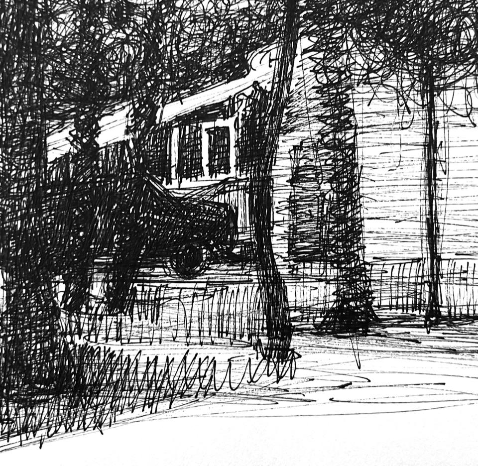 Lake House is an etching by artist Charlotte Seifert who lives in Houston, Texas.
Lake House is part of New Work, a collection of monotypes and etchings by Charlotte Seifert produced in 2023..  These prints were inspired by drawings made in places I