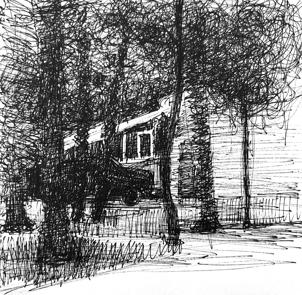 Charlotte Seifert Landscape Print – Haus am See  Radierung 7"x "on River BFK Papier 1 von 5 gerahmten 10"x16" Brazos River